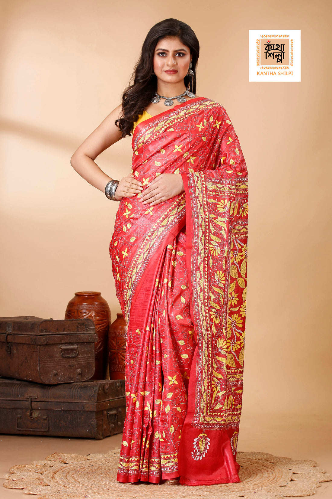 Coral Red Color Dye Tussar Yellow Color Thread Work Kantha Stitch Saree