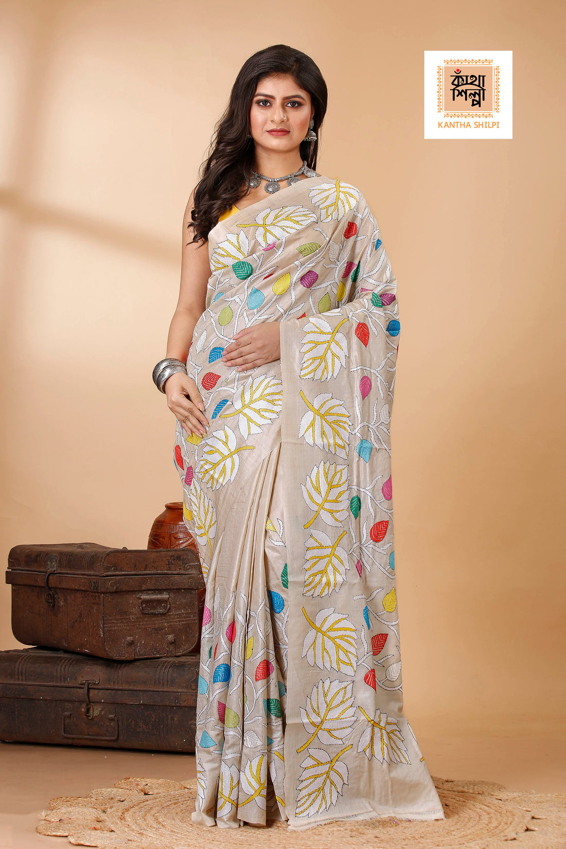 Gachi Tussar Multicolor Thread Work Leaf and Foliage Design Kantha Stitch Saree