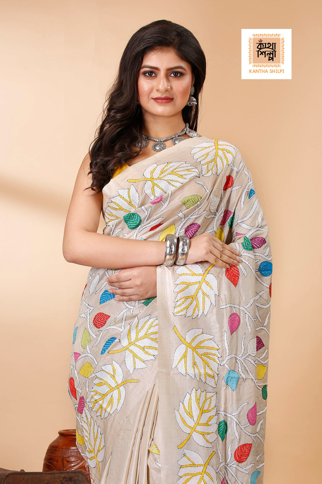 Gachi Tussar Multicolor Thread Work Leaf and Foliage Design Kantha Stitch Saree