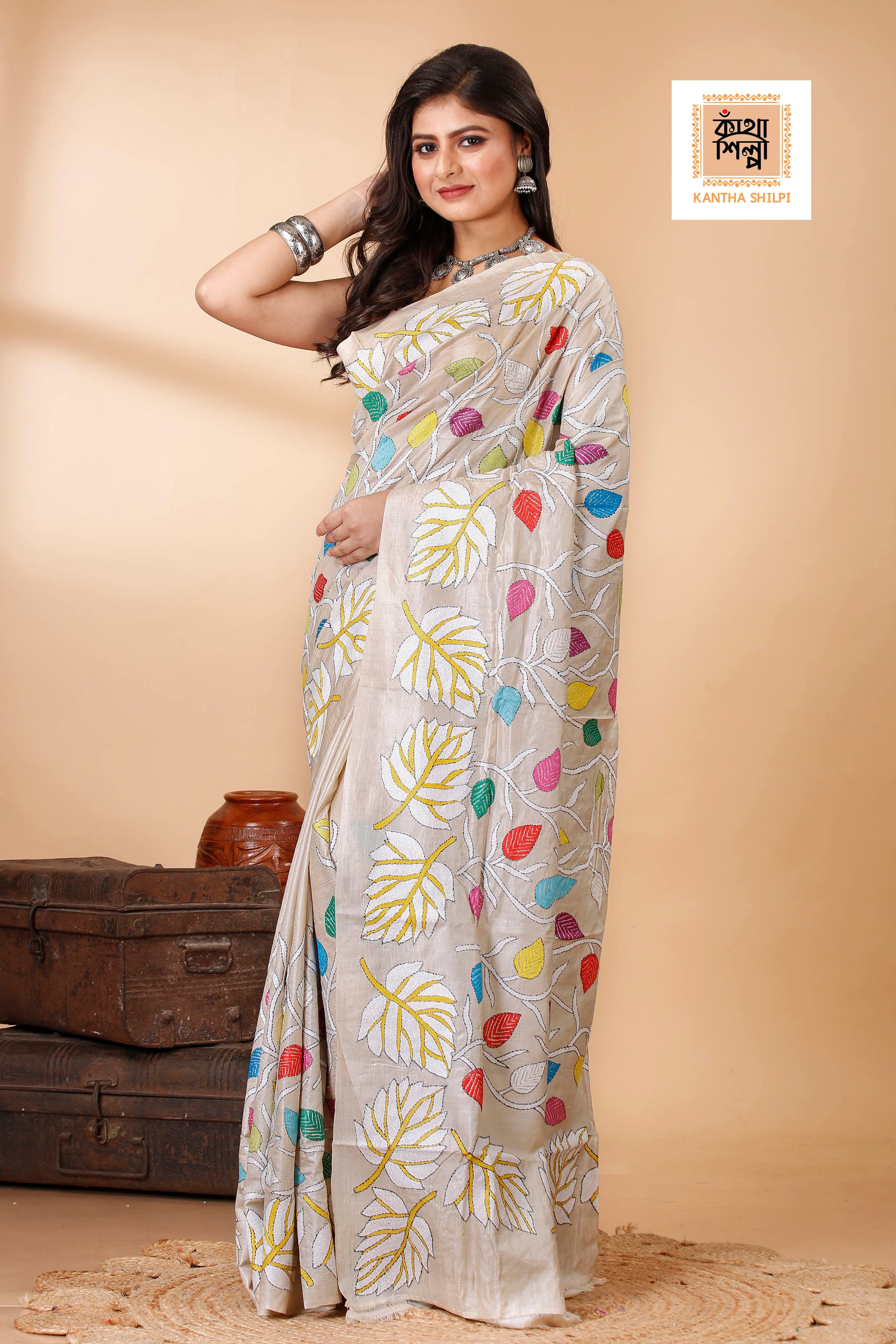 Gachi Tussar Multicolor Thread Work Leaf and Foliage Design Kantha Stitch Saree