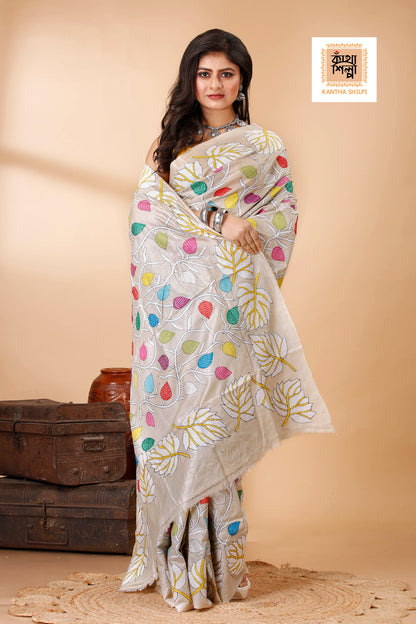 Gachi Tussar Multicolor Thread Work Leaf and Foliage Design Kantha Stitch Saree