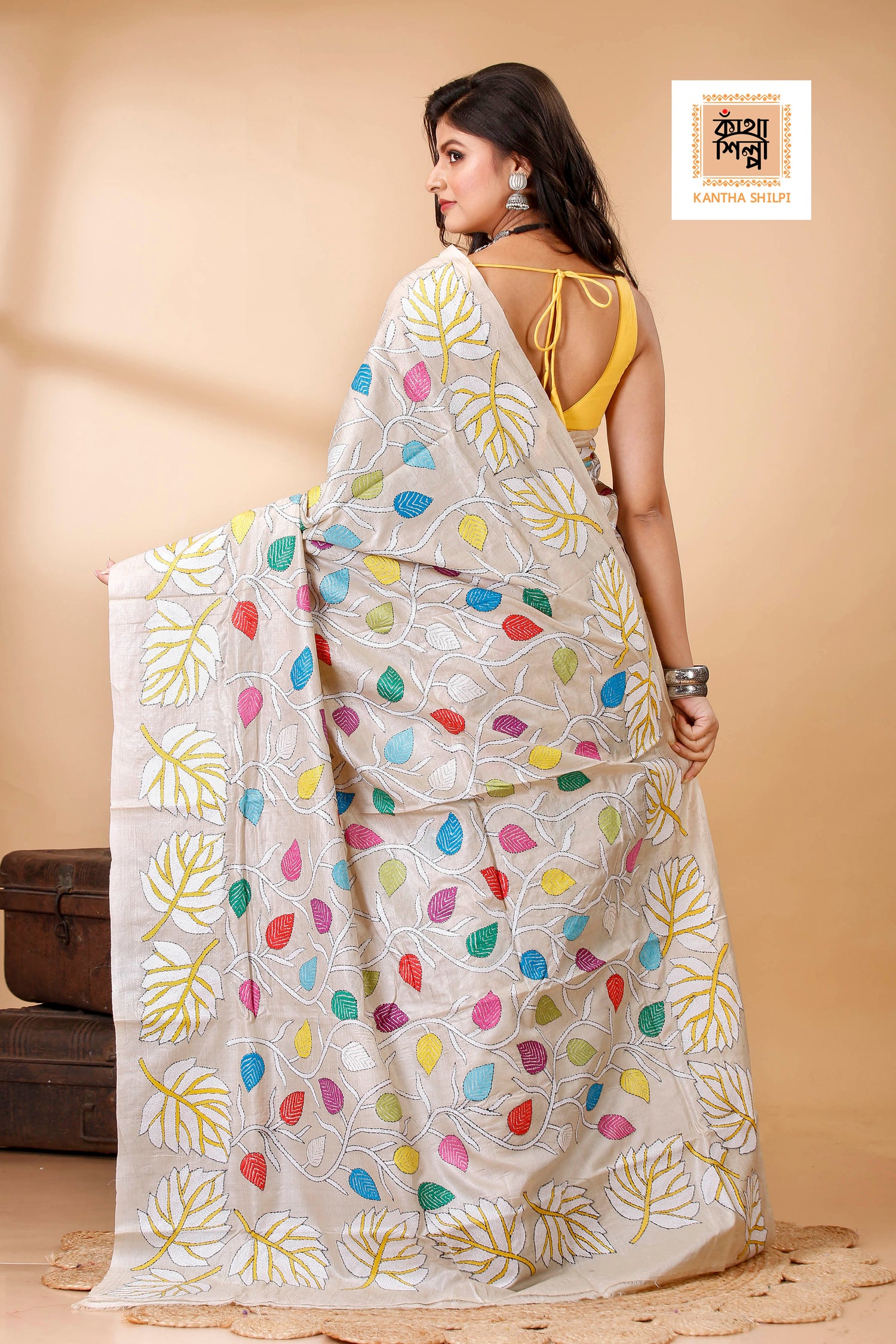Gachi Tussar Multicolor Thread Work Leaf and Foliage Design Kantha Stitch Saree