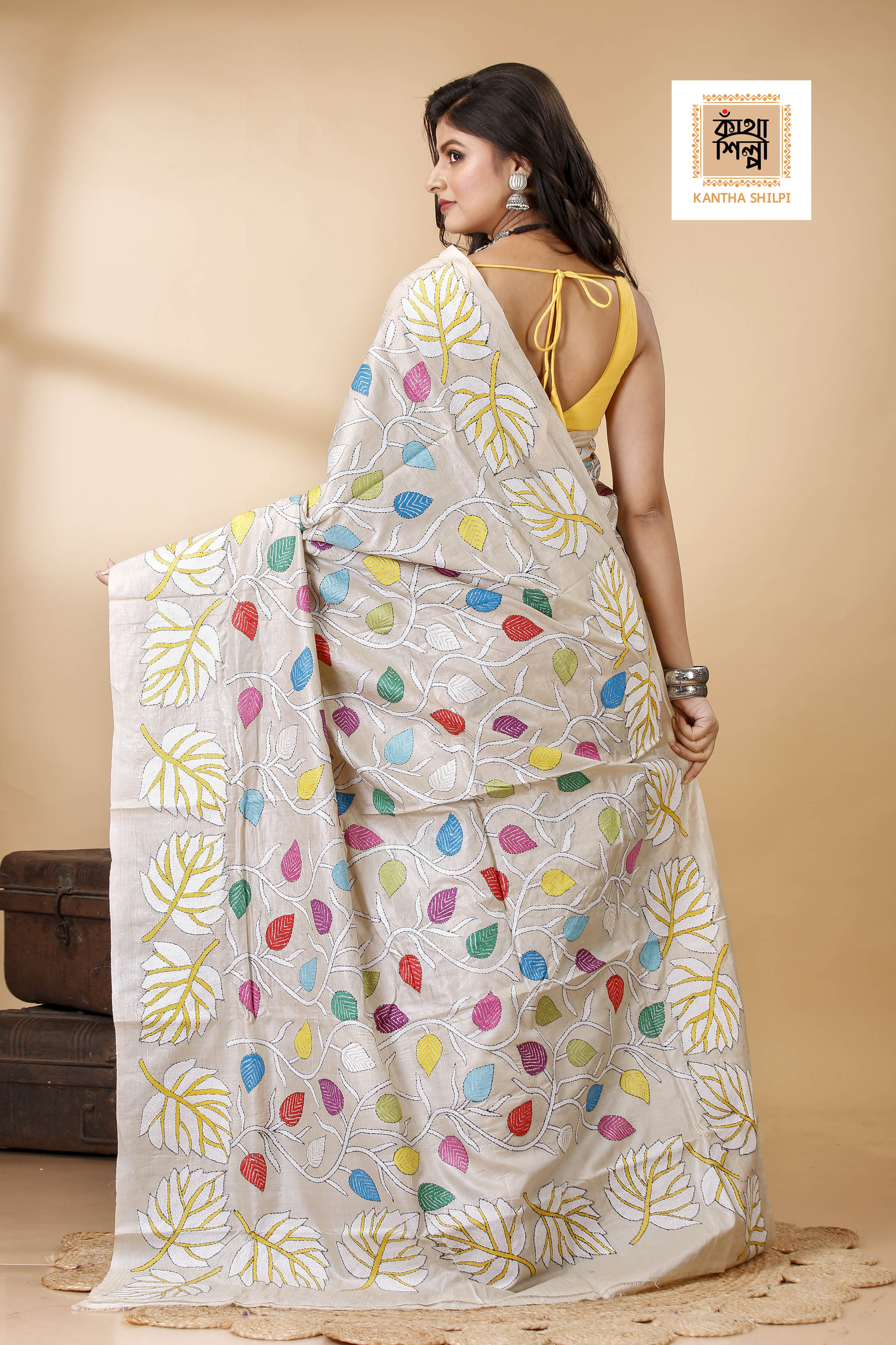 Gachi Tussar Multicolor Thread Work Leaf and Foliage Design Kantha Stitch Saree