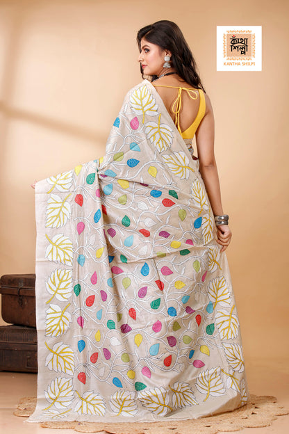 Gachi Tussar Multicolor Thread Work Leaf and Foliage Design Kantha Stitch Saree