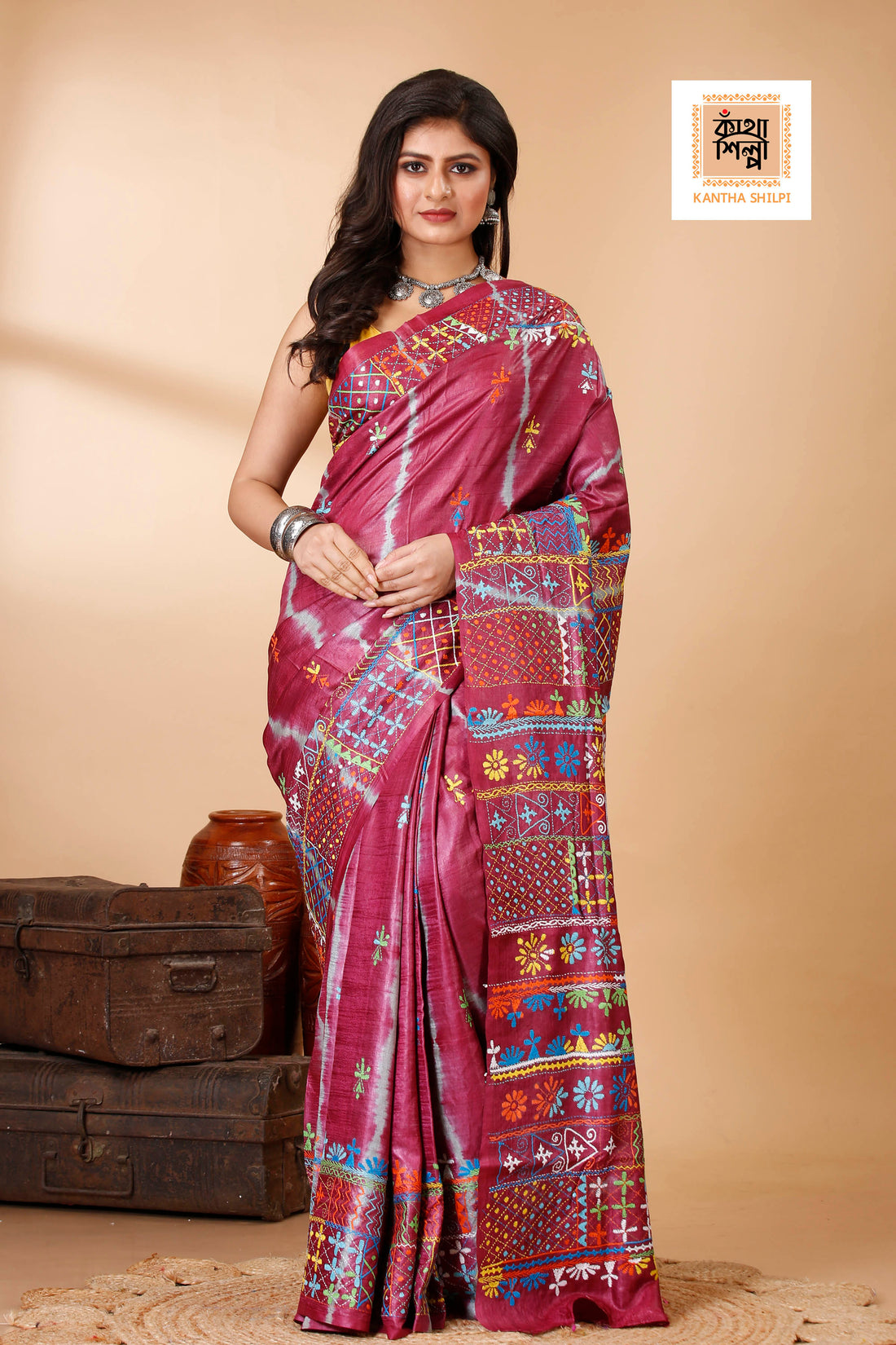 Drak Rose Color Dye Tussar Multicolor Thread Work Kantha Stitch Saree
