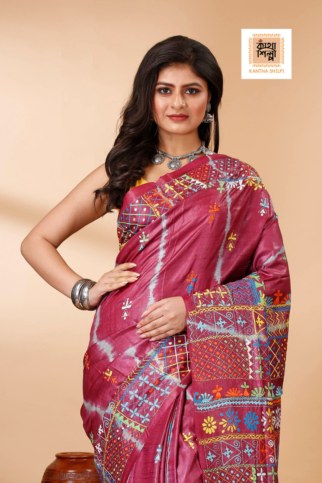 Drak Rose Color Dye Tussar Multicolor Thread Work Kantha Stitch Saree