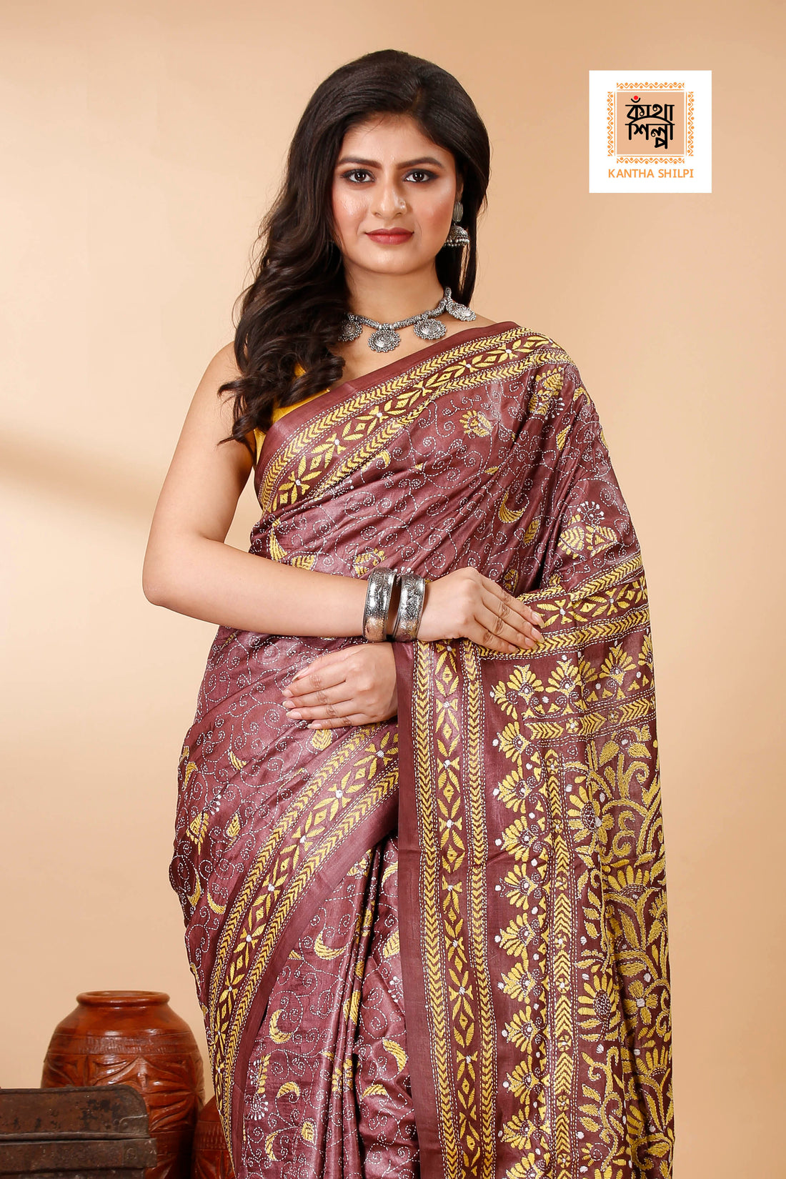 Wine Color Dye Tussar Yellow Color Thread Work Kantha Stitch Saree