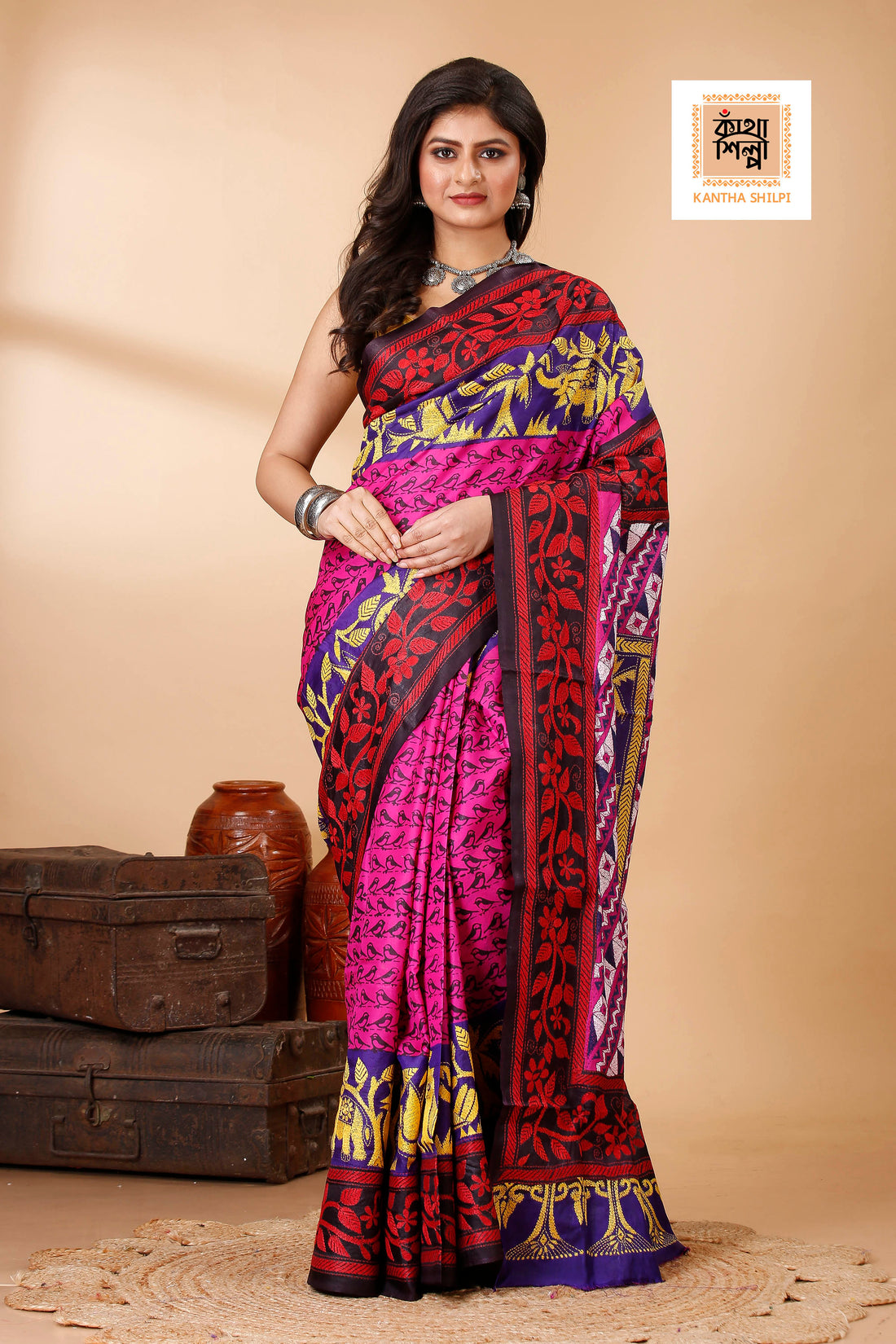 Pure Bangalore Silk Multicolor Thread Work Block and Geometric Pattern Kantha Stitch Fusion Saree