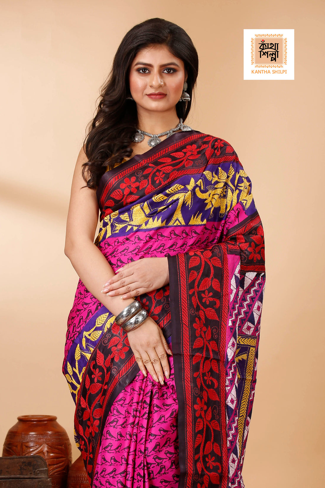 Pure Bangalore Silk Multicolor Thread Work Block and Geometric Pattern Kantha Stitch Fusion Saree