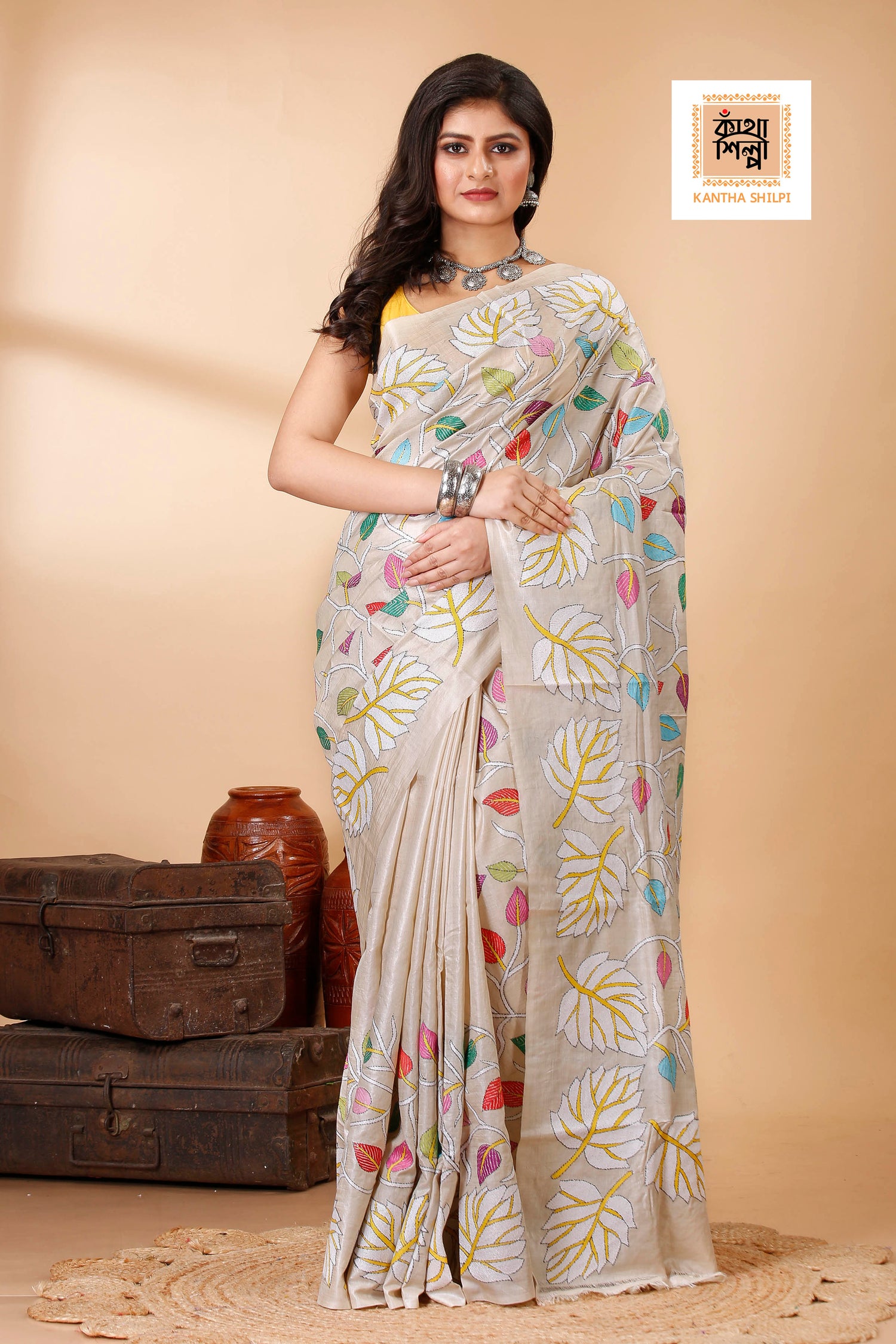 Gachi Tussar Multicolor Thread Work Leaf and Foliage Design Kantha Stitch Saree