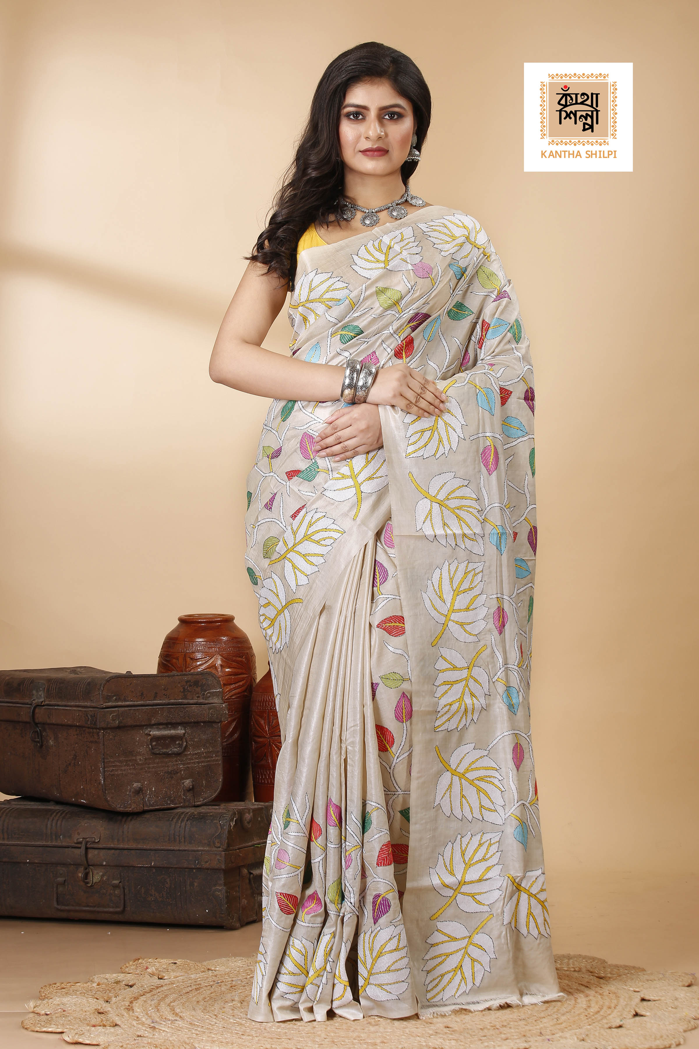 Gachi Tussar Multicolor Thread Work Leaf and Foliage Design Kantha Stitch Saree