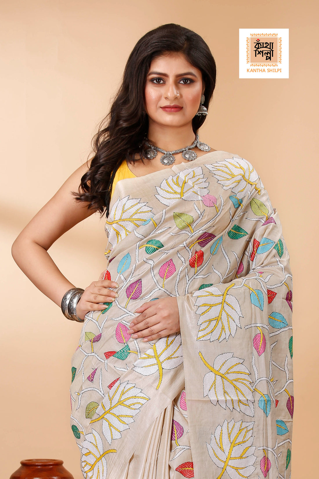 Gachi Tussar Multicolor Thread Work Leaf and Foliage Design Kantha Stitch Saree