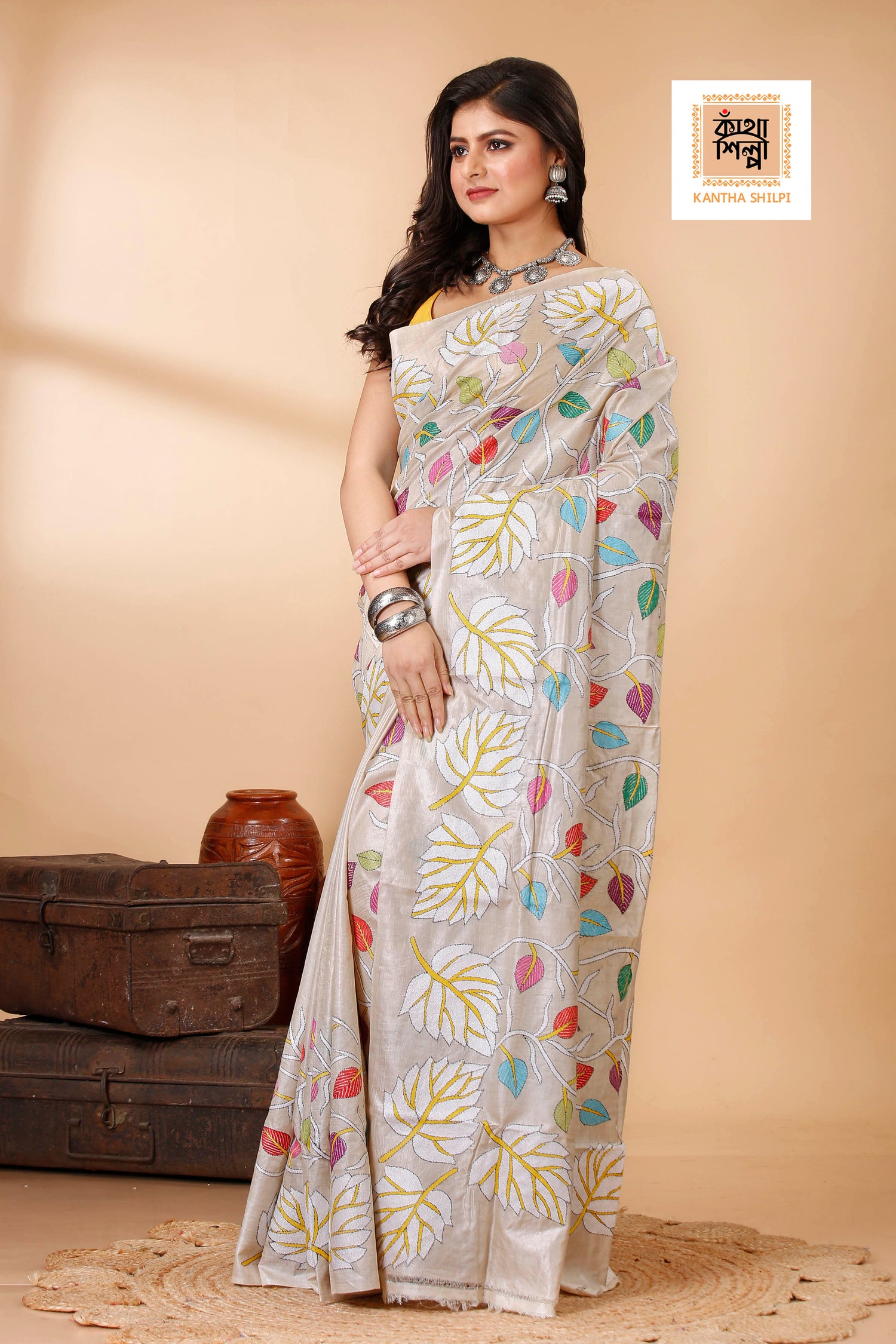 Gachi Tussar Multicolor Thread Work Leaf and Foliage Design Kantha Stitch Saree