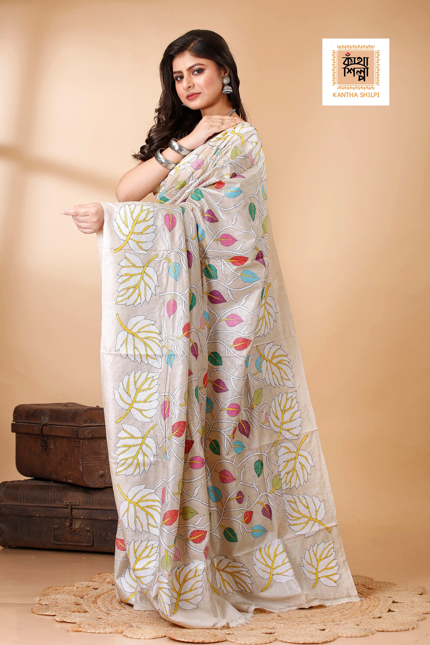 Gachi Tussar Multicolor Thread Work Leaf and Foliage Design Kantha Stitch Saree