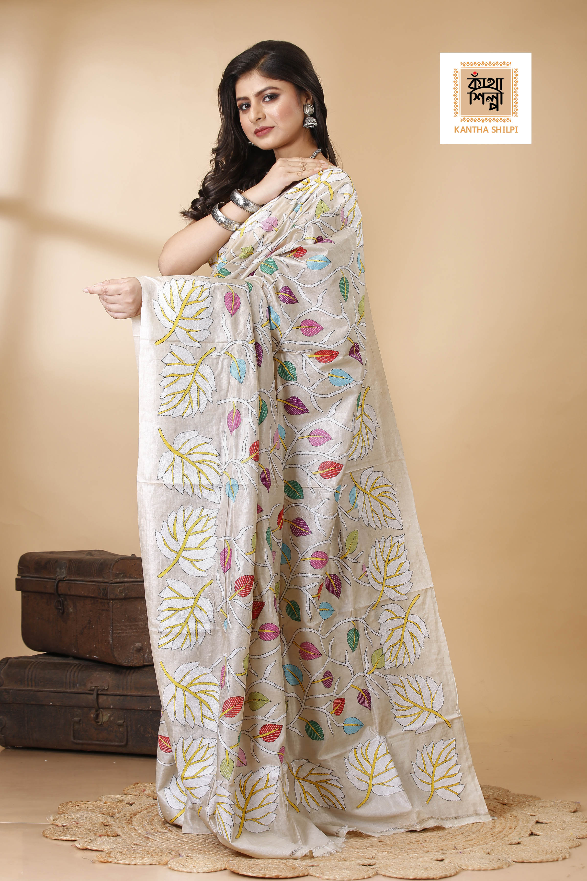 Gachi Tussar Multicolor Thread Work Leaf and Foliage Design Kantha Stitch Saree