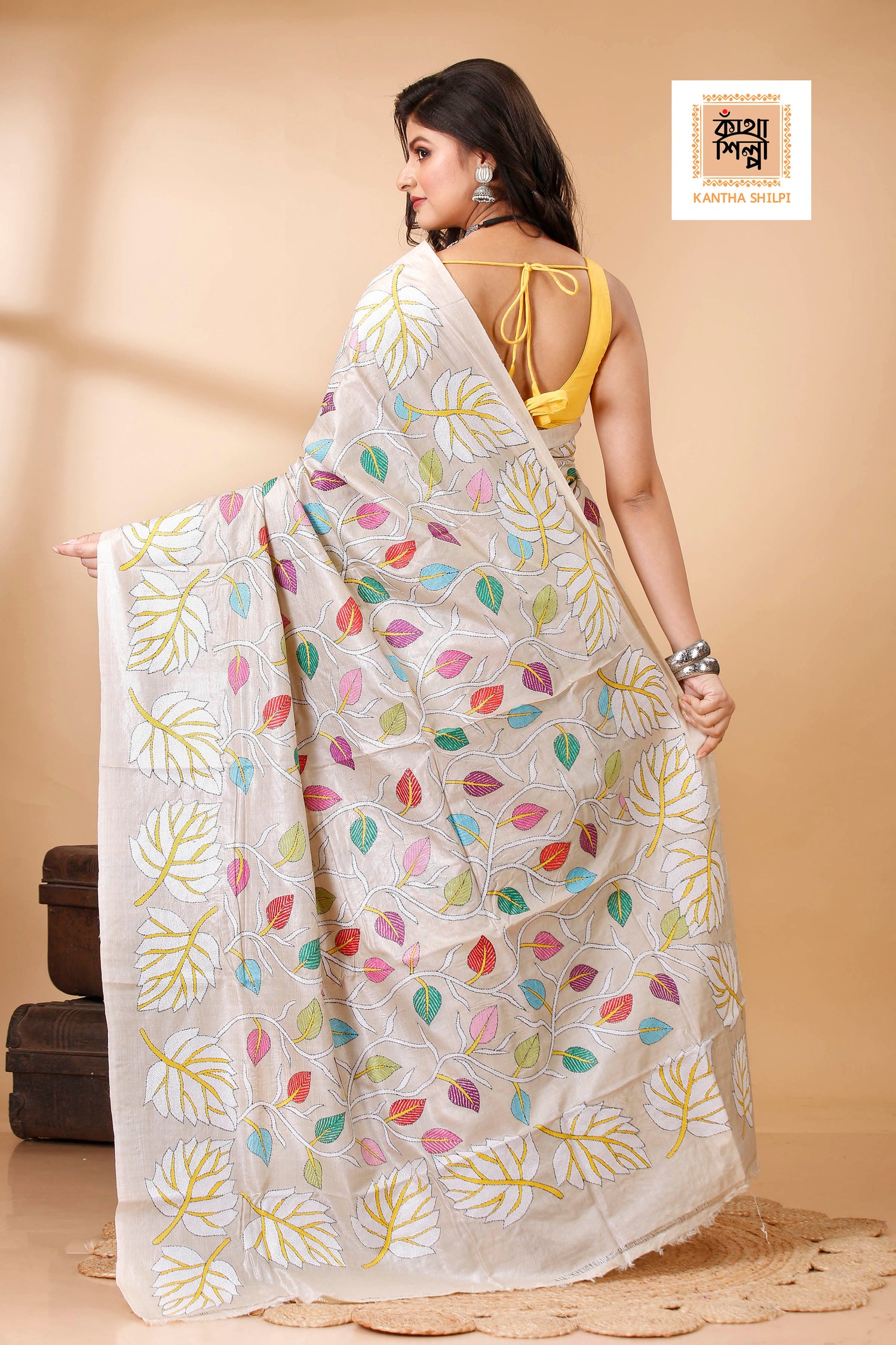 Gachi Tussar Multicolor Thread Work Leaf and Foliage Design Kantha Stitch Saree