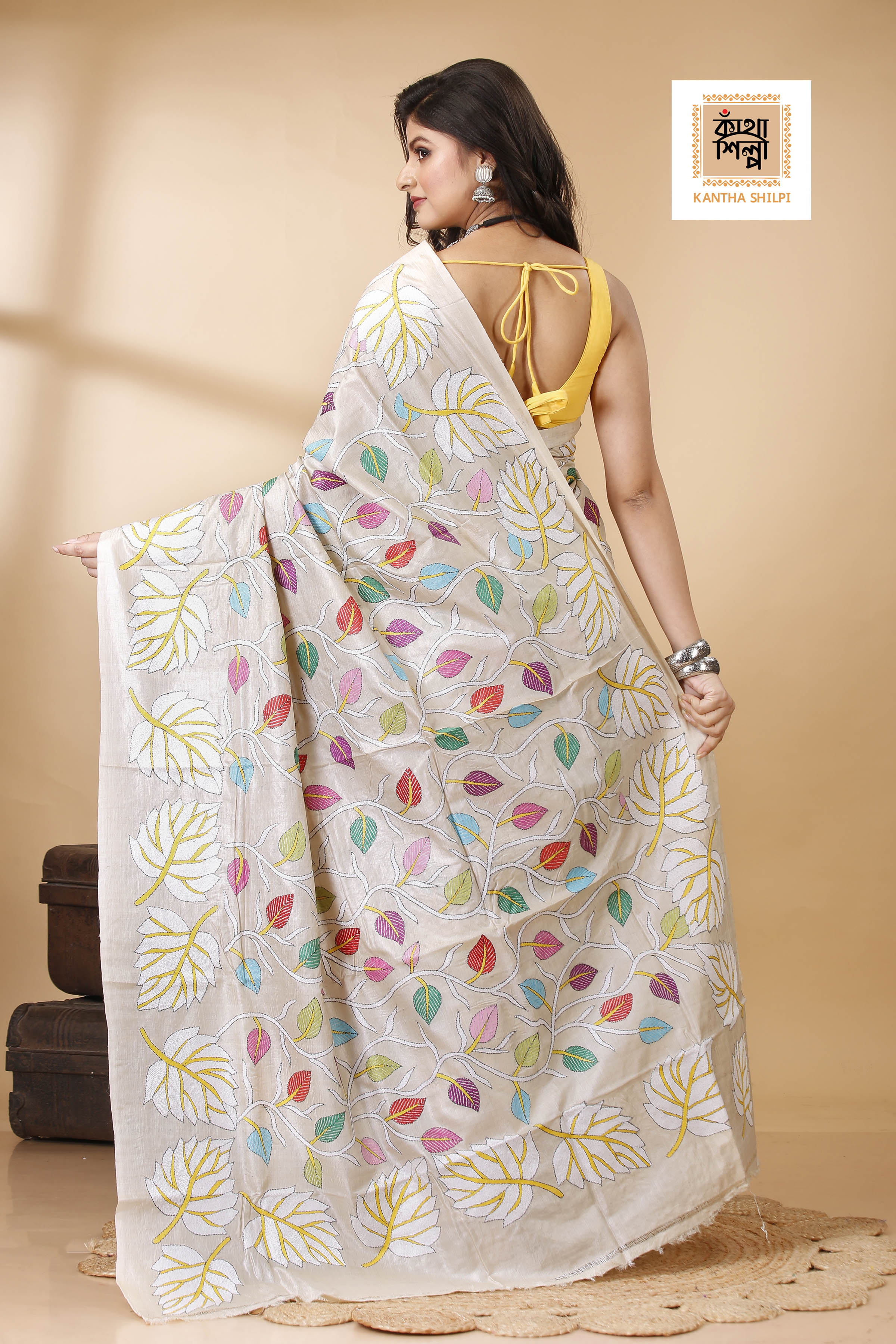 Gachi Tussar Multicolor Thread Work Leaf and Foliage Design Kantha Stitch Saree