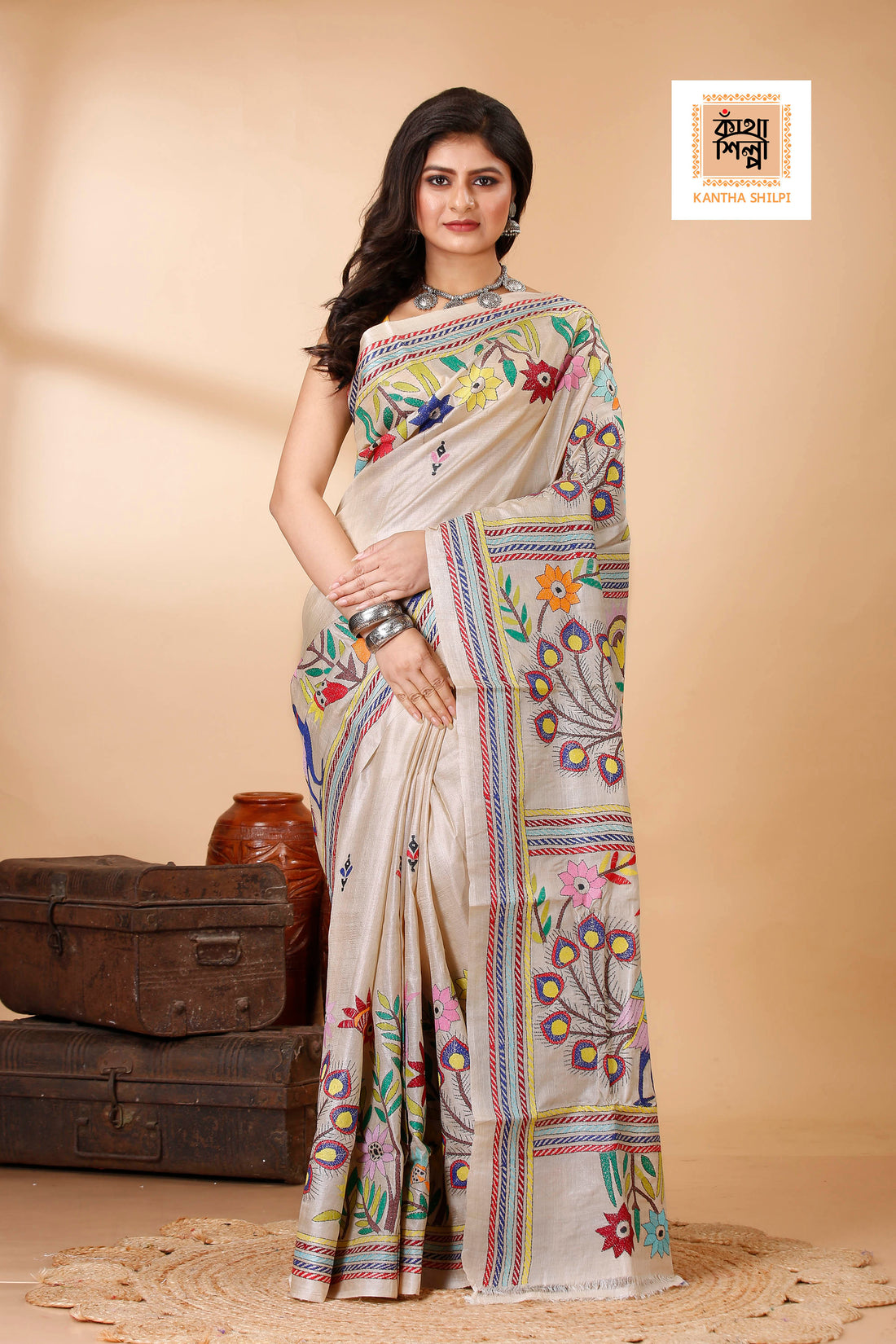 Gachi Tussar Multicolor Thread Work Peacock and Floral Design Kantha Stitch Saree