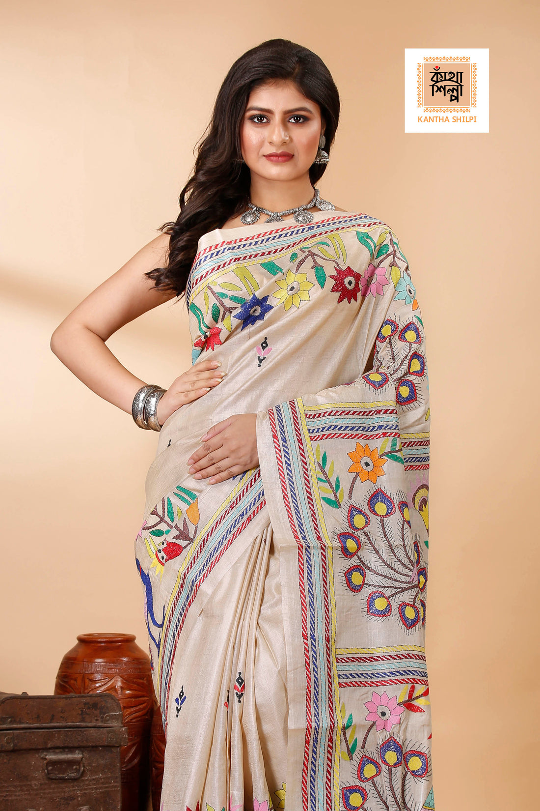 Gachi Tussar Multicolor Thread Work Peacock and Floral Design Kantha Stitch Saree