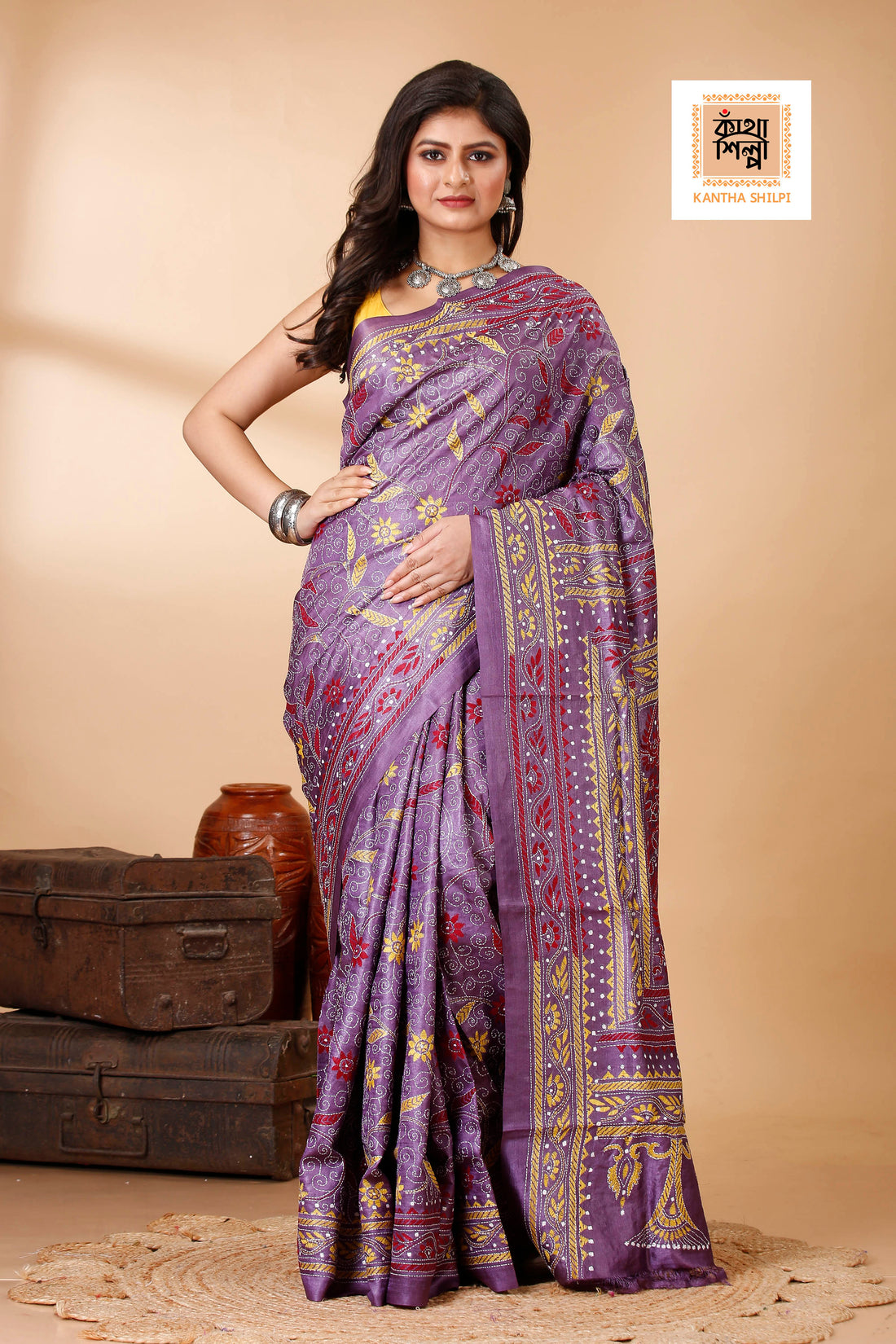 Magenta Color Dye Tussar Tricolor Thread Work Floral Motif Kantha Stitch Saree
