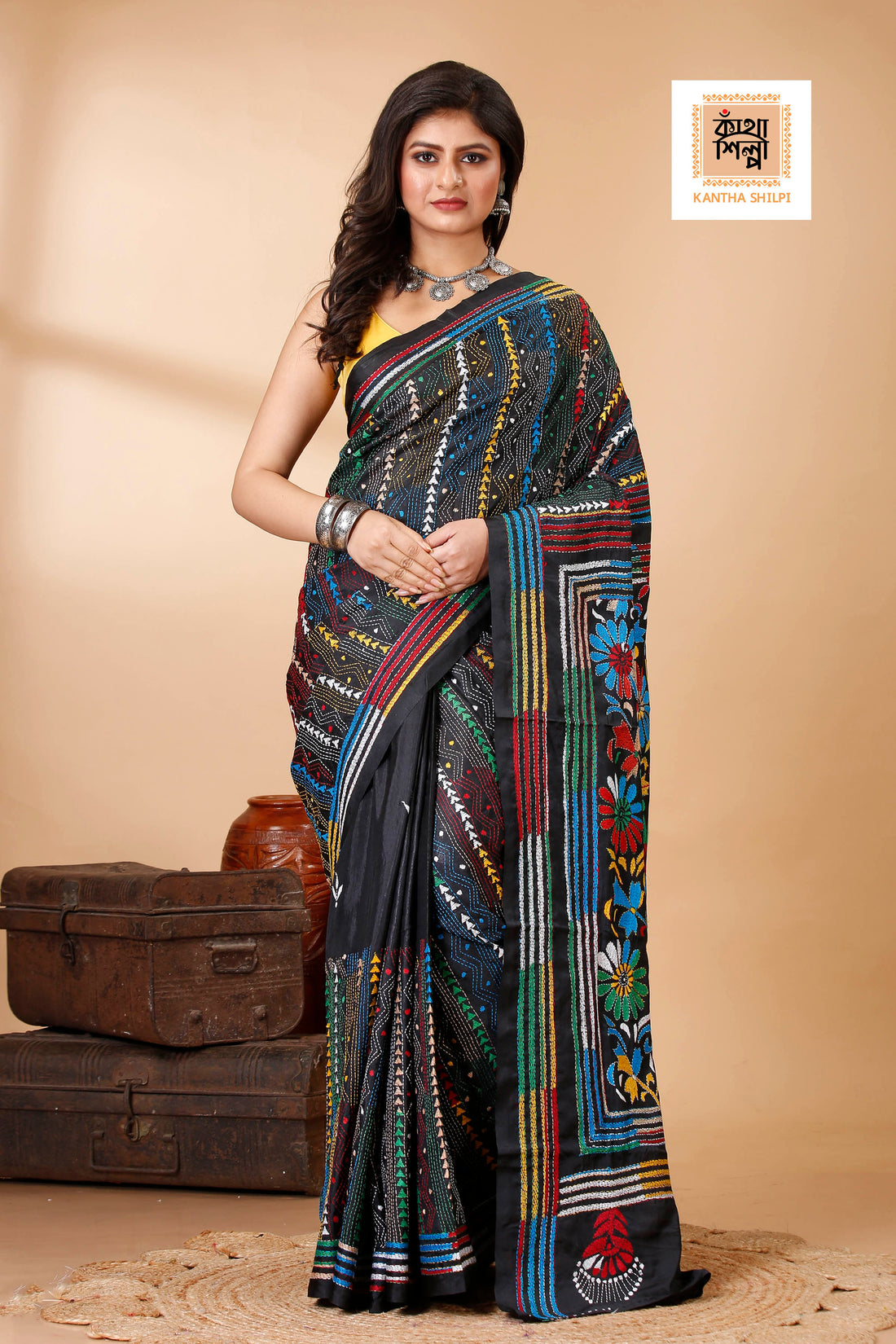 Bangalore Silk Multicolor Thread Work Kantha Stitch Saree