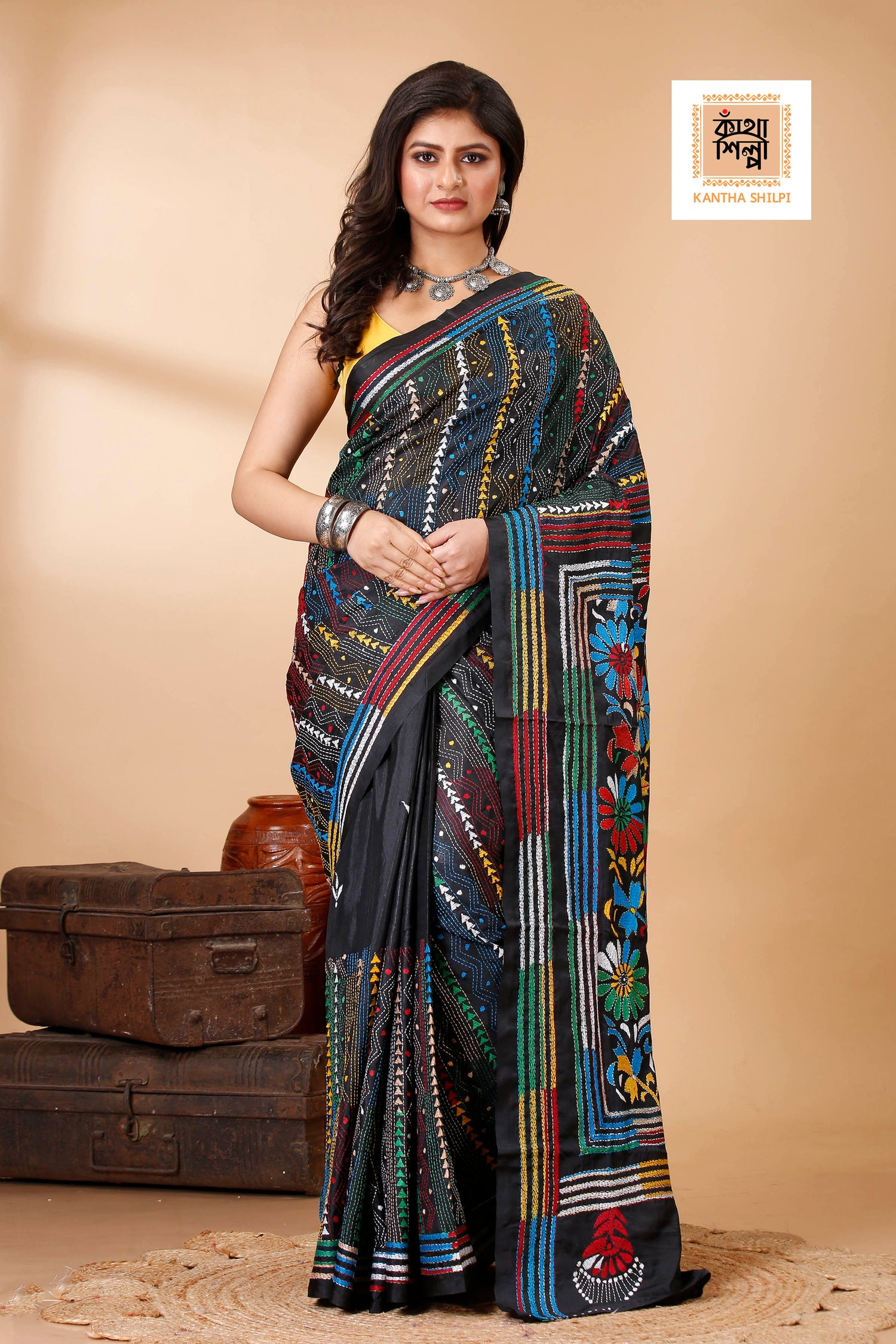 Bangalore Silk Multicolor Thread Work Kantha Stitch Saree