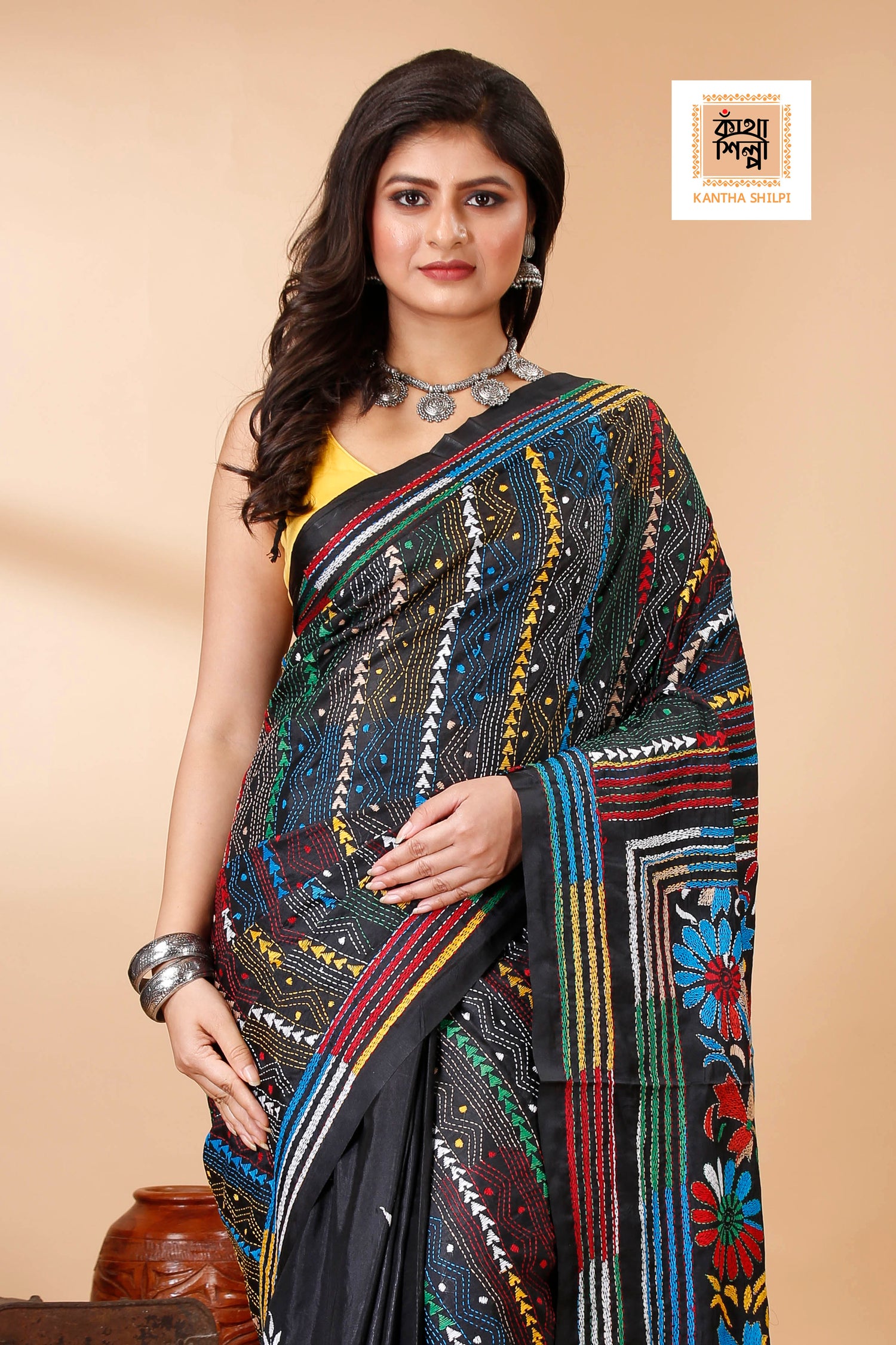 Bangalore Silk Multicolor Thread Work Kantha Stitch Saree