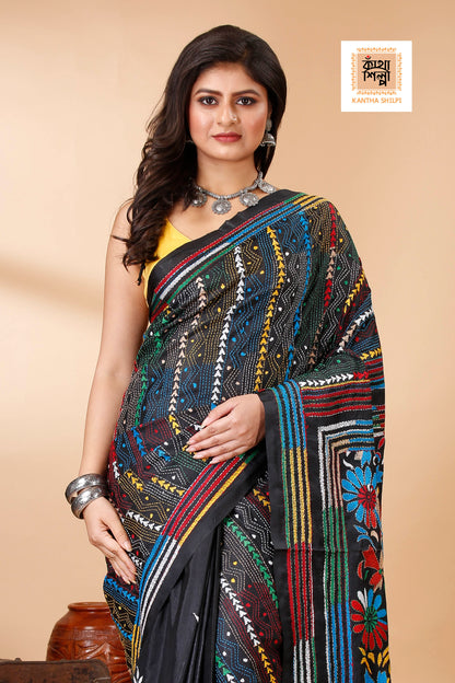 Bangalore Silk Multicolor Thread Work Kantha Stitch Saree