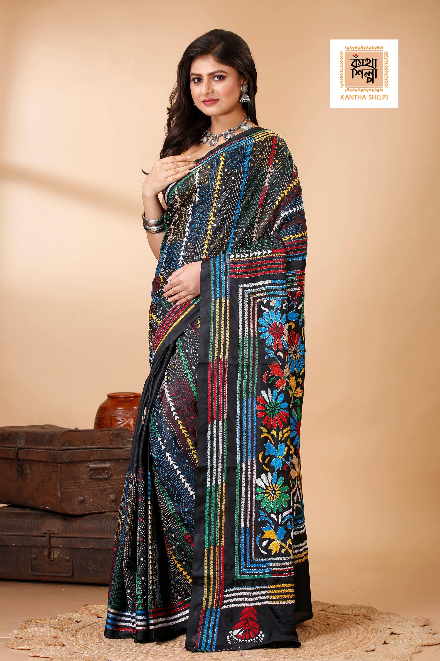 Bangalore Silk Multicolor Thread Work Kantha Stitch Saree