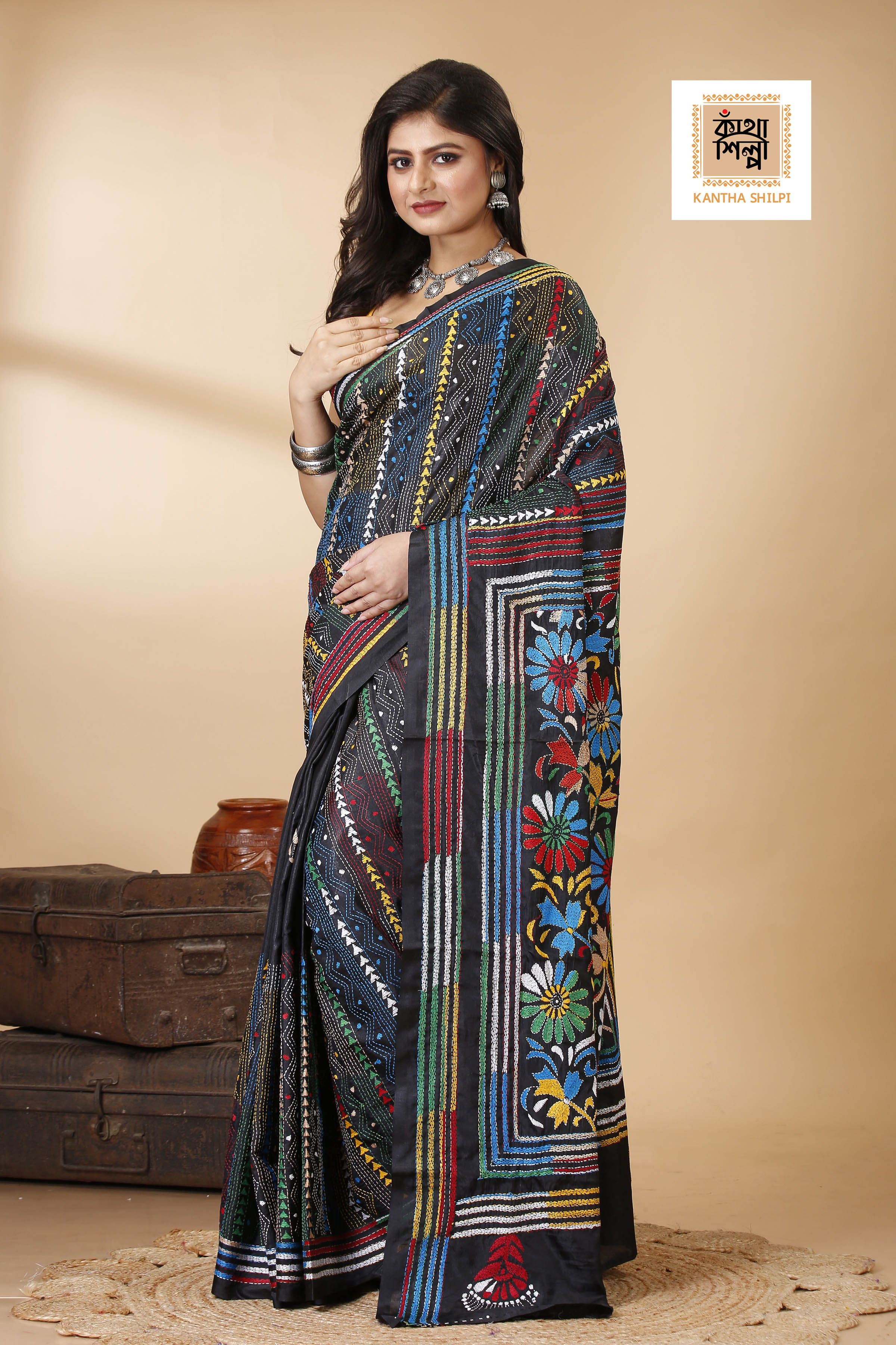 Bangalore Silk Multicolor Thread Work Kantha Stitch Saree