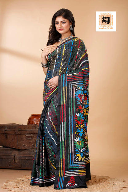 Bangalore Silk Multicolor Thread Work Kantha Stitch Saree