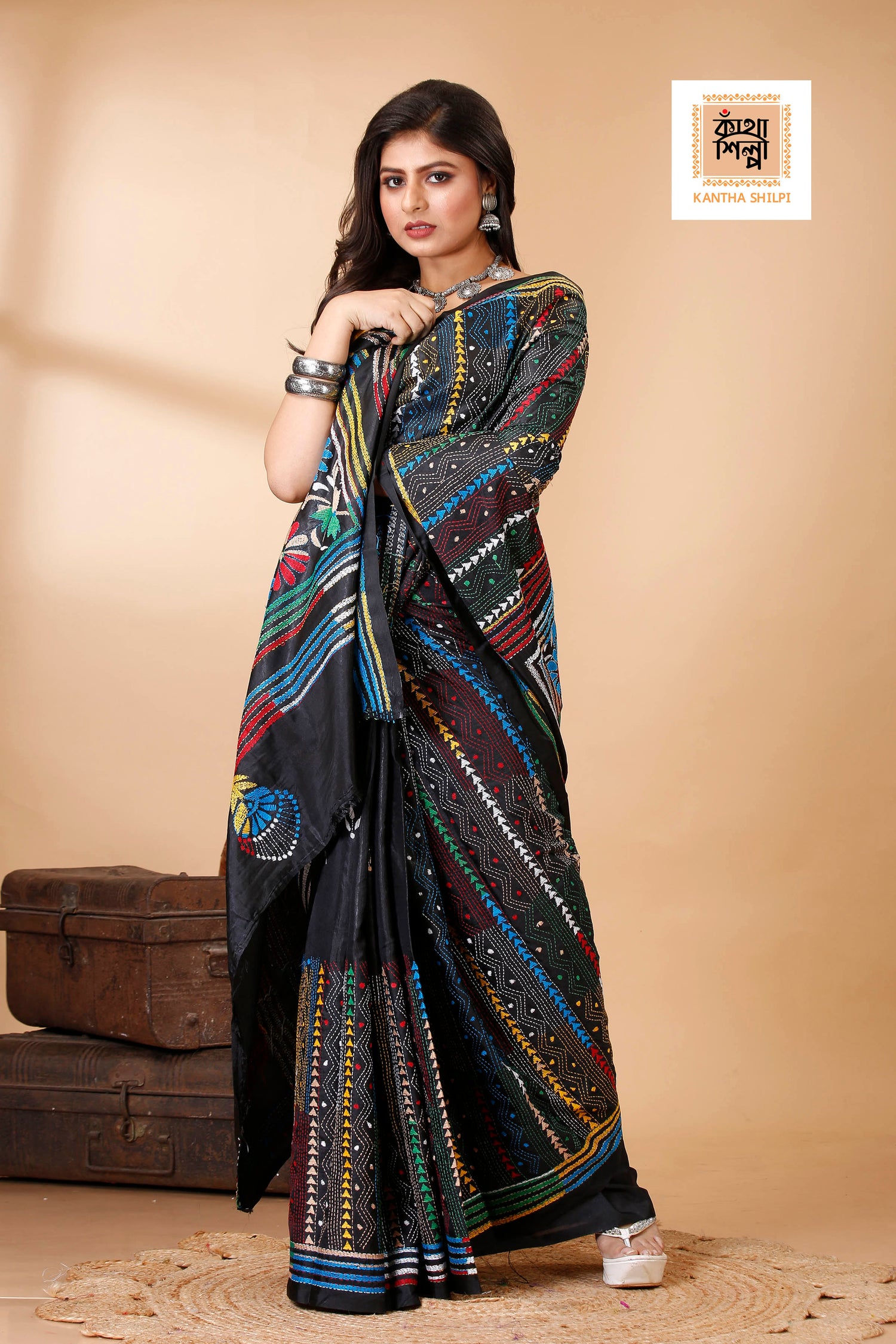 Bangalore Silk Multicolor Thread Work Kantha Stitch Saree
