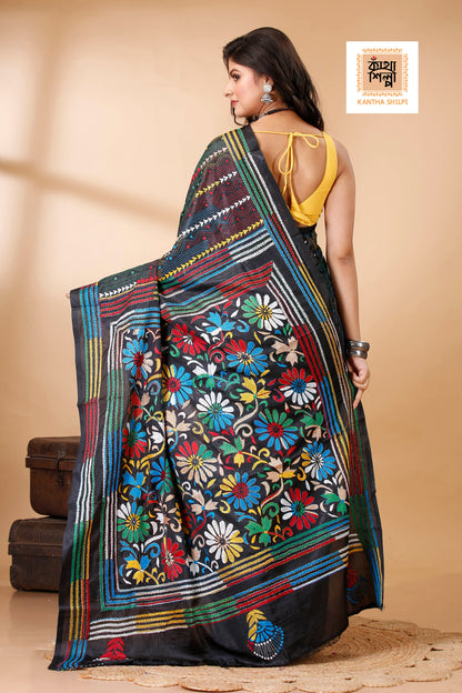 Bangalore Silk Multicolor Thread Work Kantha Stitch Saree
