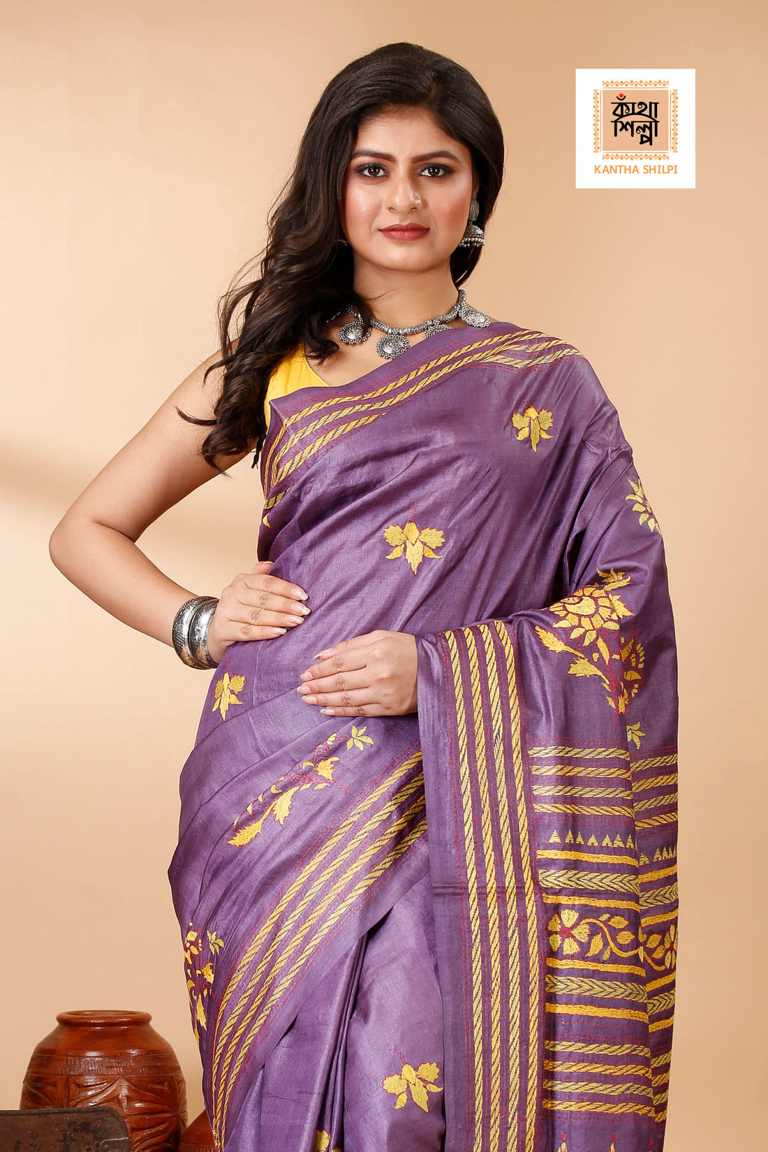 Magenta Color Dye Tussar Yellow Red color Thread Work Kantha Stitch Saree