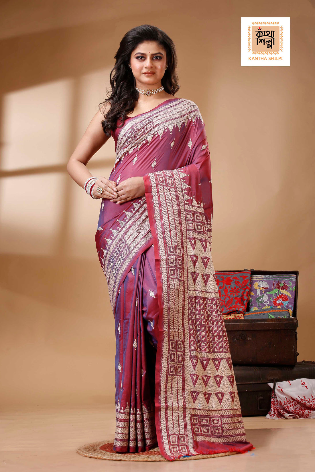 Raspberry Parfait Color Bangalore Silk Beige Color Thread Work Kantha Stitch Saree