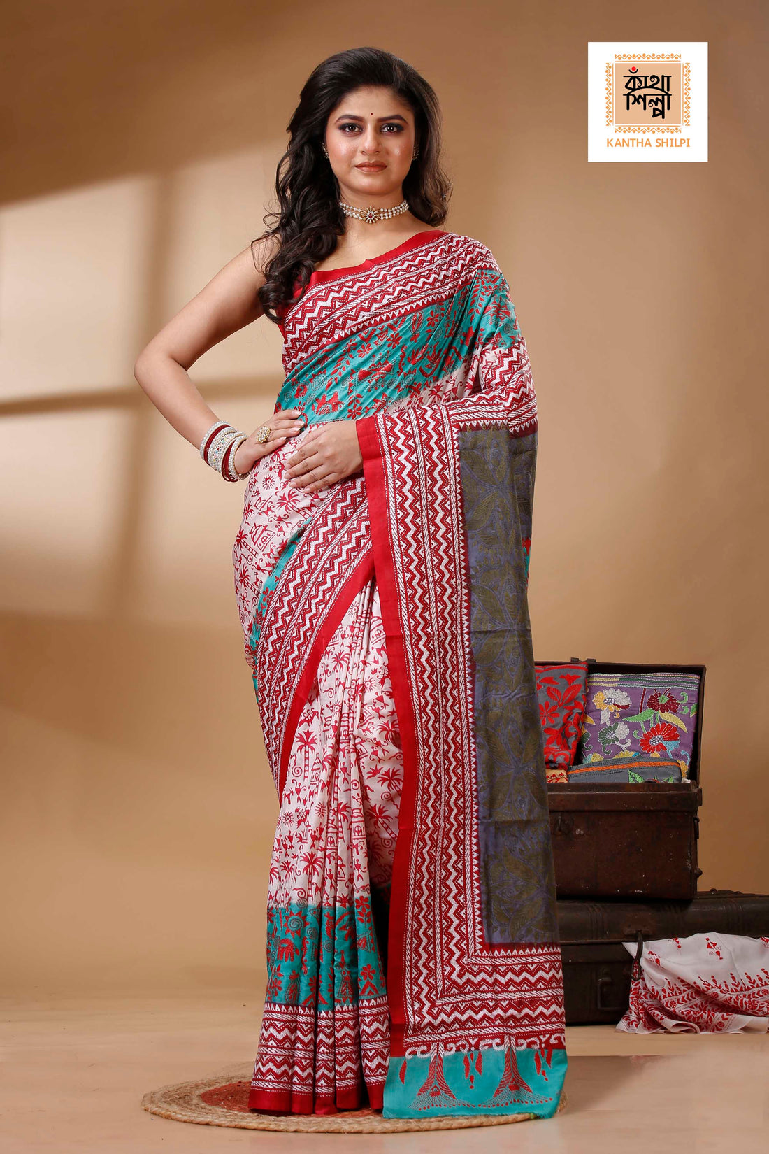 Pure Bangalore Silk Multicolor Thread Work Block and Geometric Pattern Kantha Stitch Fusion Saree