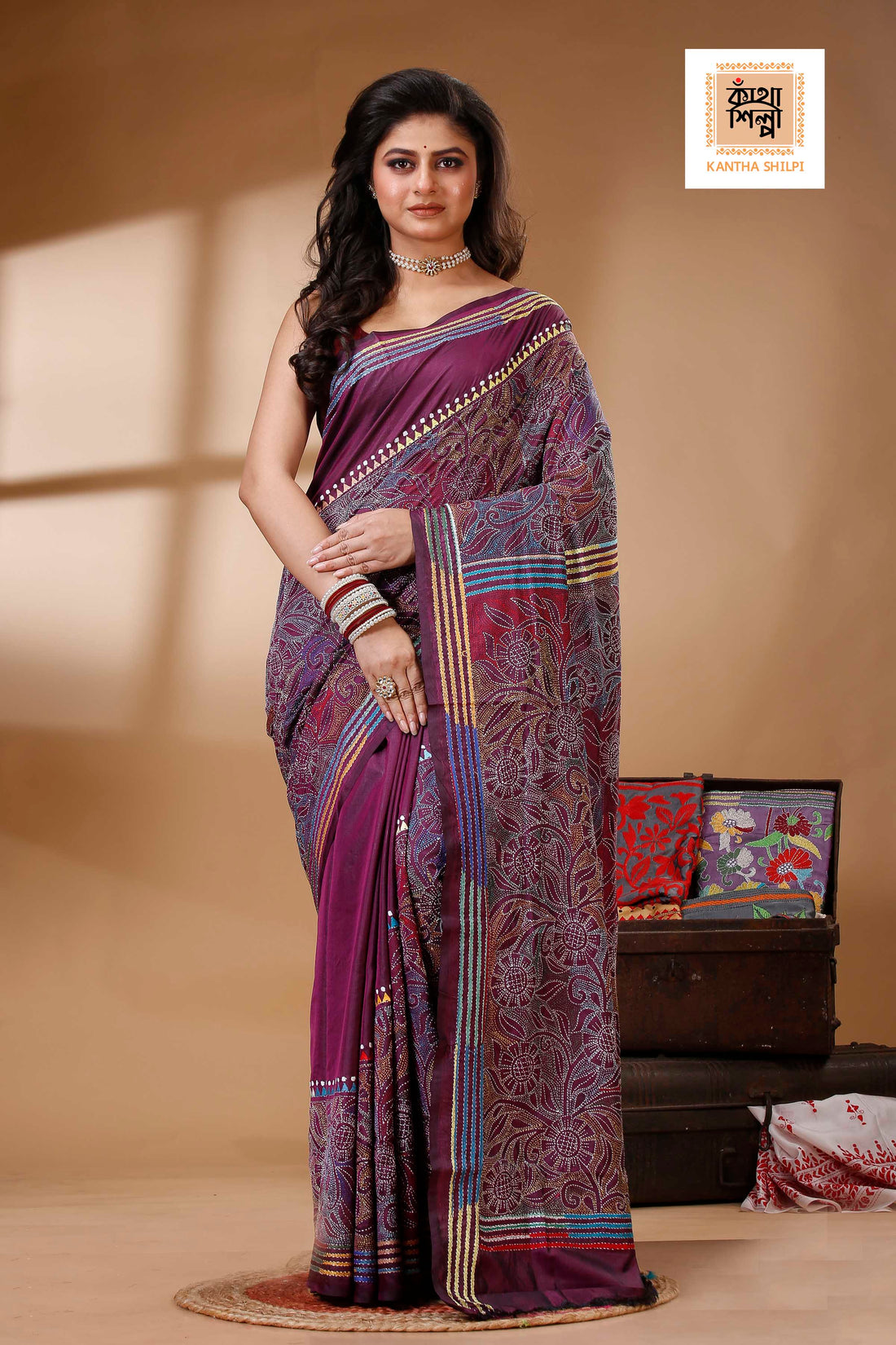 Maroon Color Bangalore Silk Multicolor Revers Thread Work Kantha Stitch Saree