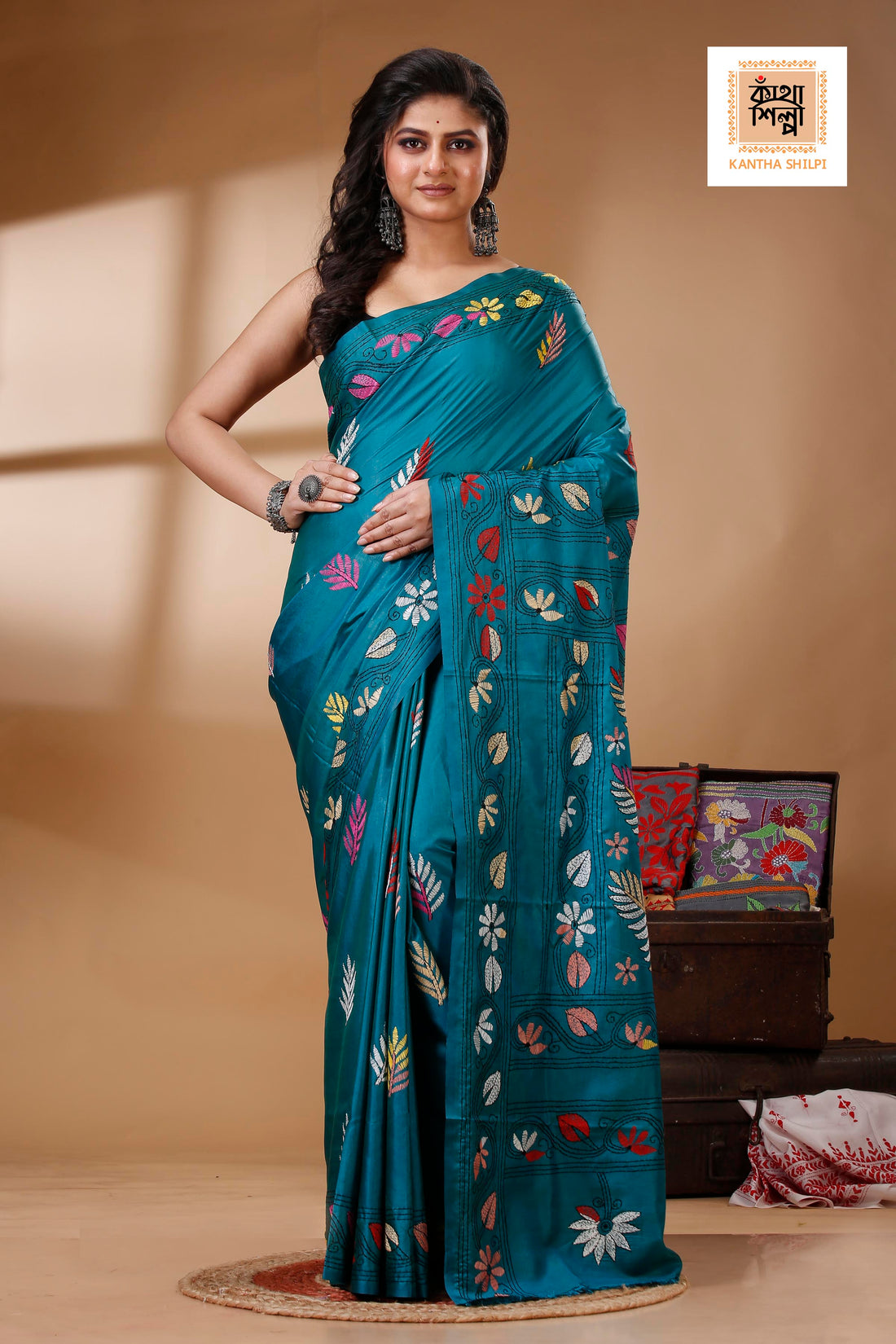 Deep Teal Color Bangalore Silk Multicolor Thread Work Kantha Stitch Saree