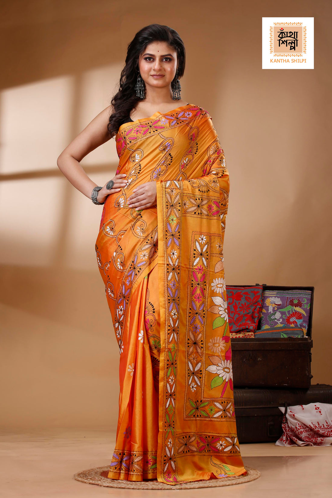 Carrot Orange Color Bangalore Silk Multicolor Thread Work Kantha Stitch Saree