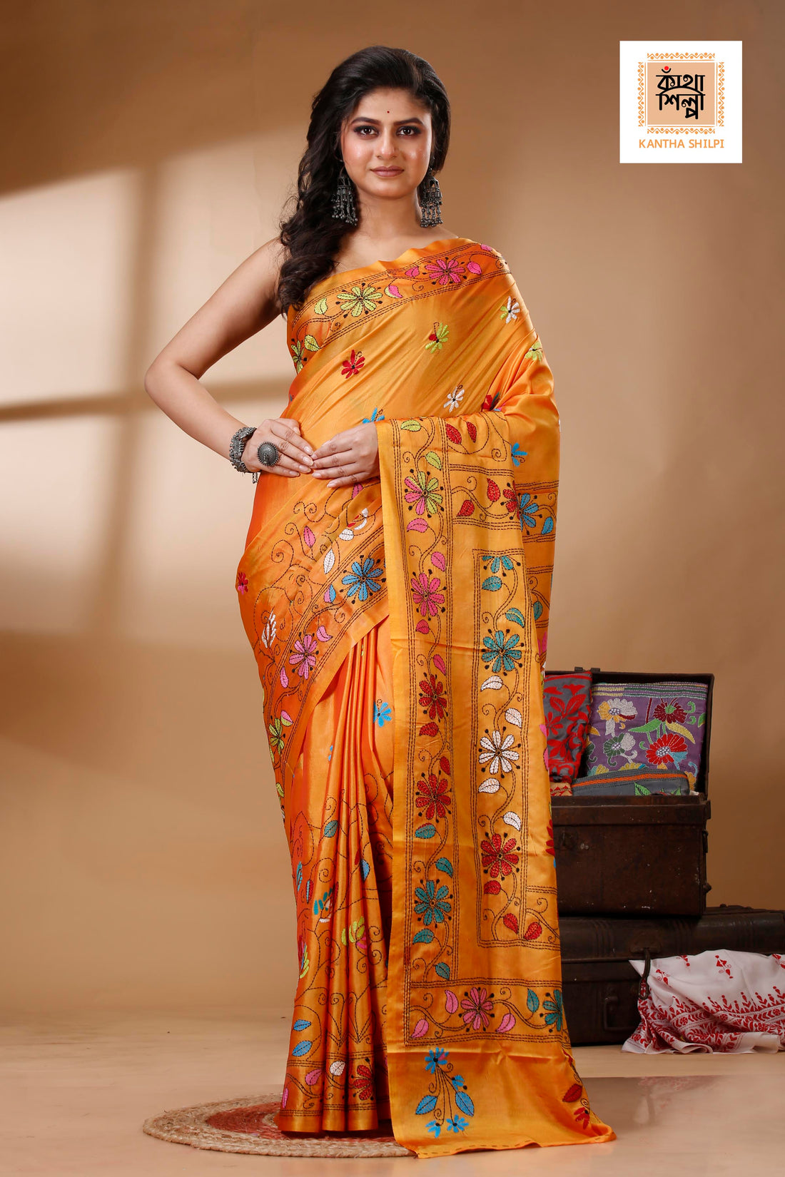 Carrot Orange Color Bangalore Silk Multicolor Thread Work Kantha Stitch Saree