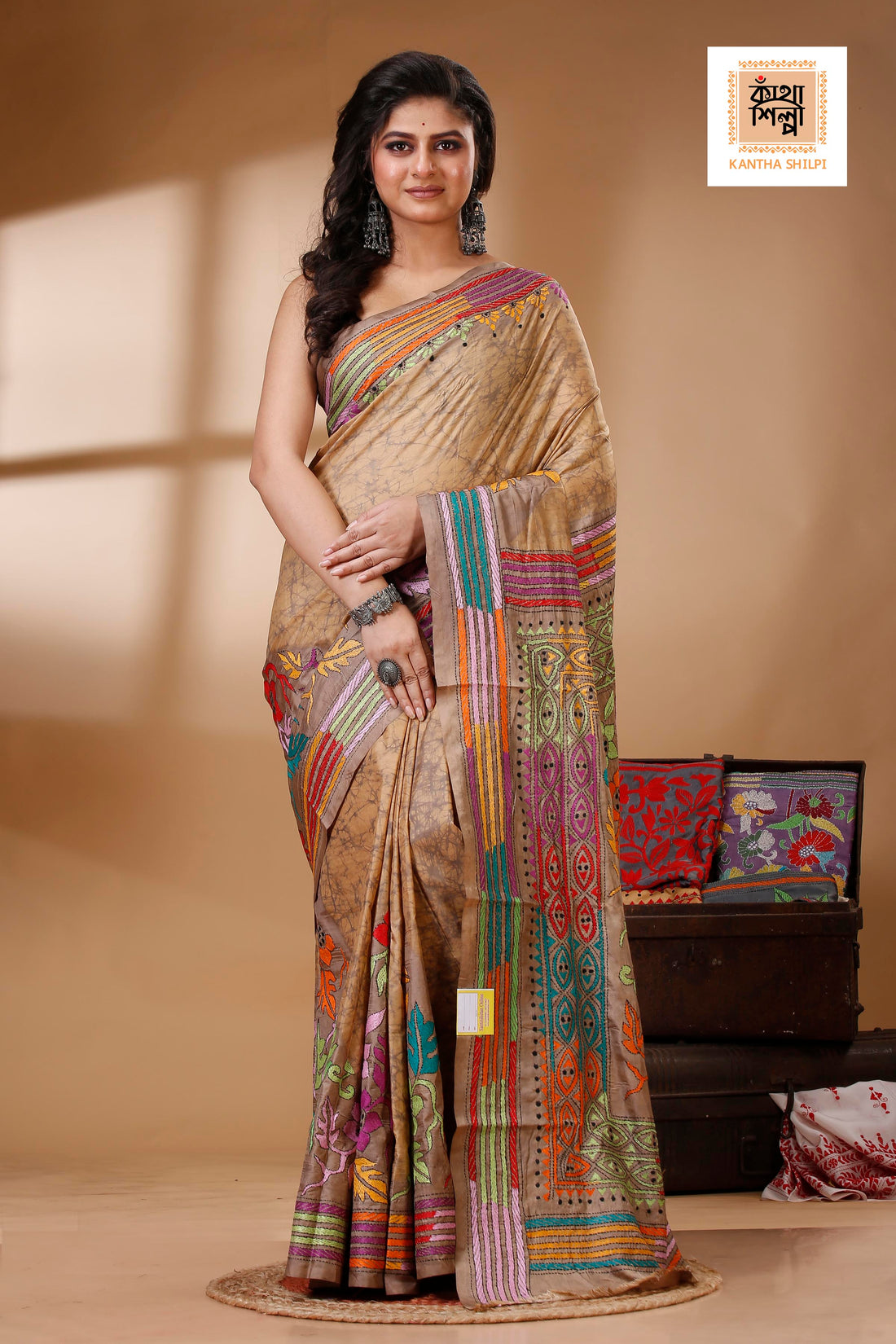 Bangalore Silk Multicolor Thread Work and Hand Batik Kantha Stitch Saree