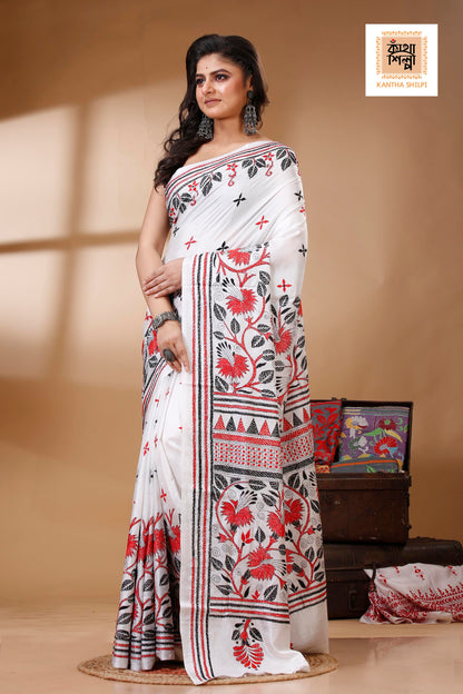 White Color Bangalore Silk Red &amp; Black Thread Work Kantha Stitch Saree