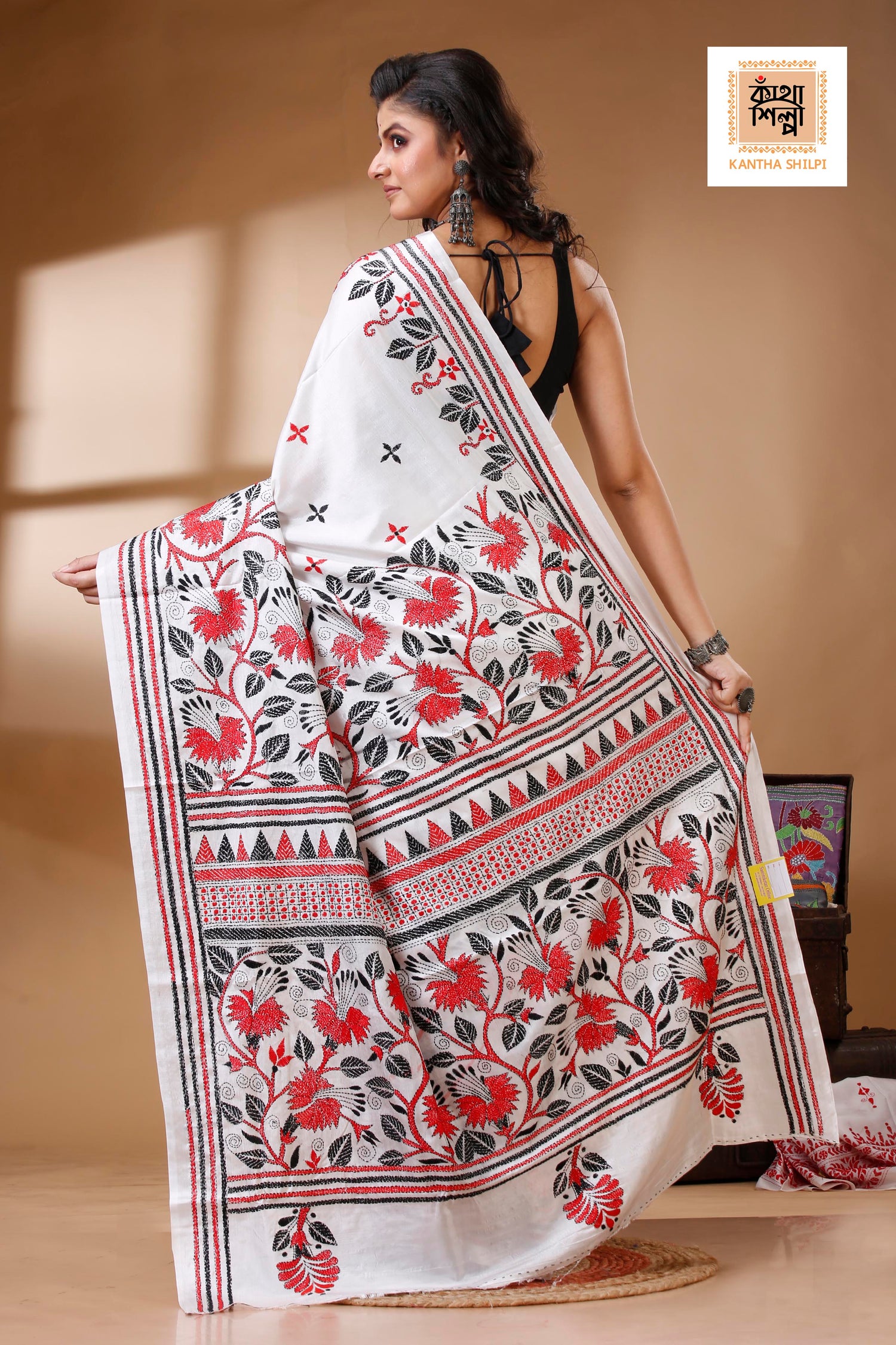 White Color Bangalore Silk Red &amp; Black Thread Work Kantha Stitch Saree