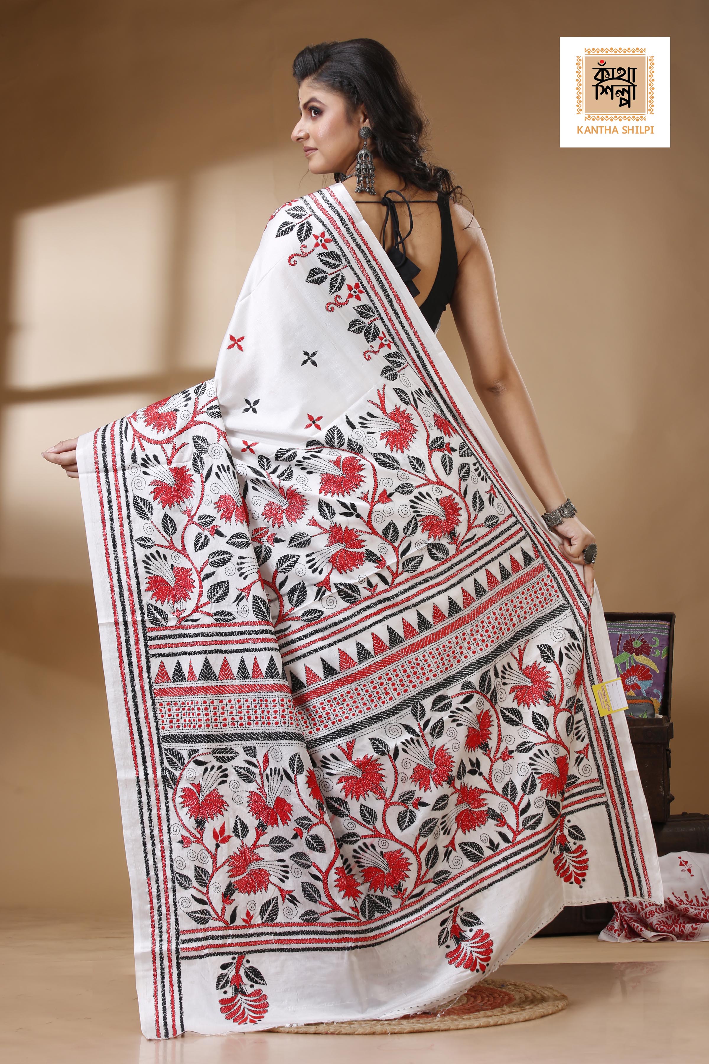 White Color Bangalore Silk Red &amp; Black Thread Work Kantha Stitch Saree