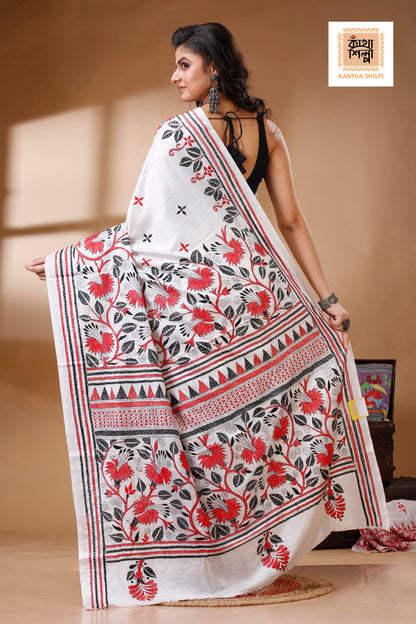 White Color Bangalore Silk Red &amp; Black Thread Work Kantha Stitch Saree