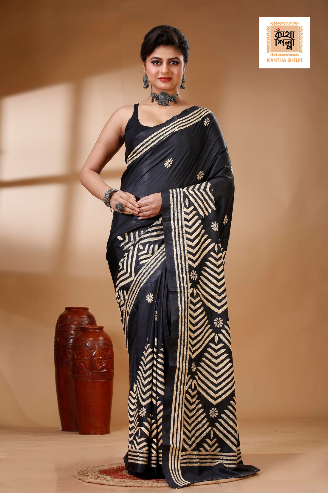 Black Color Bangalore Silk Beige color Thread Work Kantha Stitch Saree