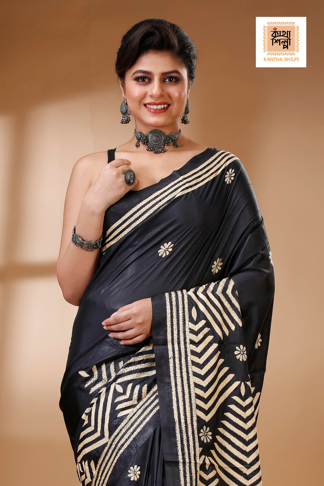 Black Color Bangalore Silk Beige color Thread Work Kantha Stitch Saree
