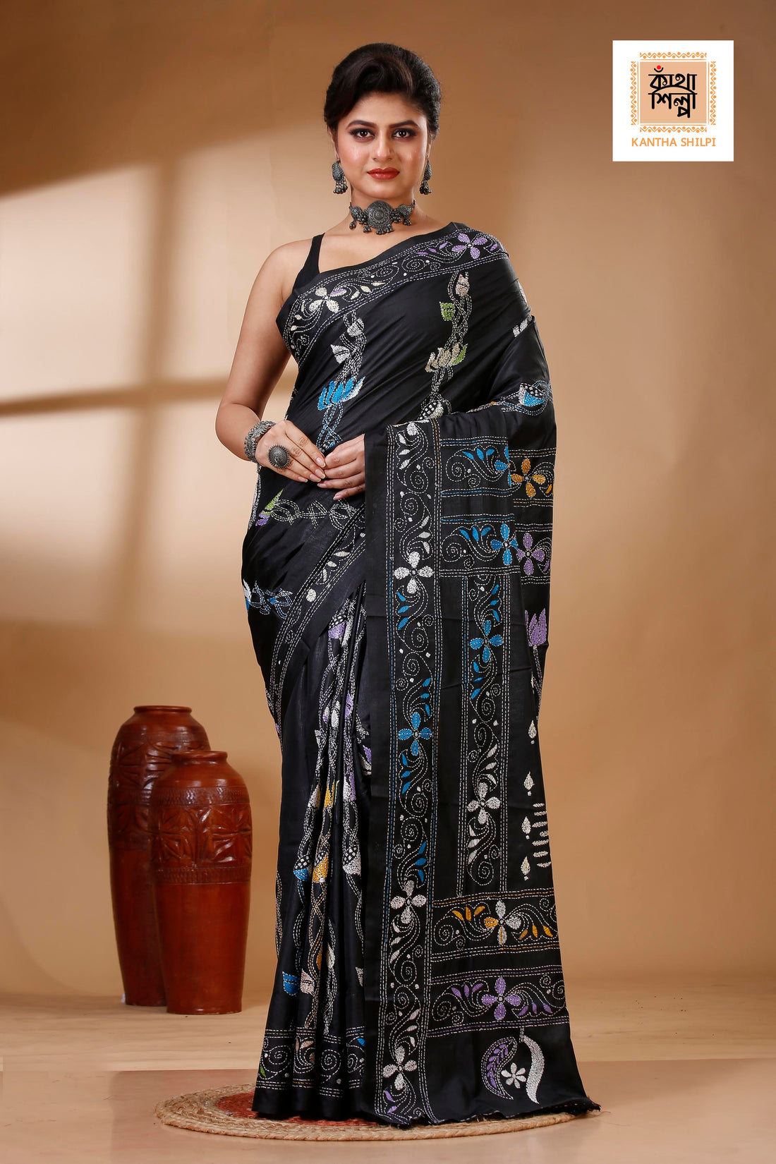 Black Color Bangalore Silk Multicolor Thread Work Kantha Stitch Saree