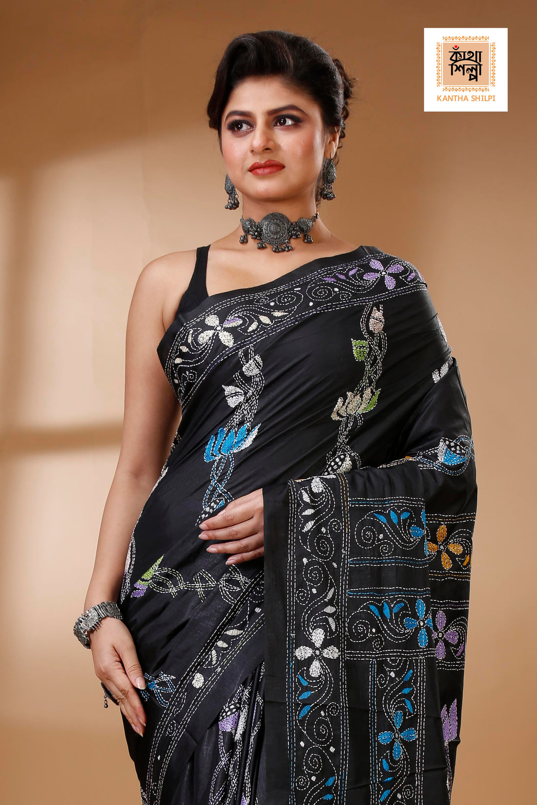 Black Color Bangalore Silk Multicolor Thread Work Kantha Stitch Saree