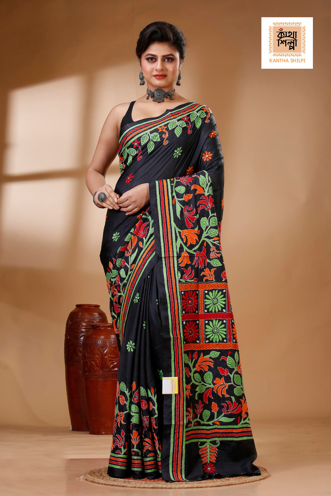 Black Color Bangalore Silk Multicolor Thread Work Kantha Stitch Saree
